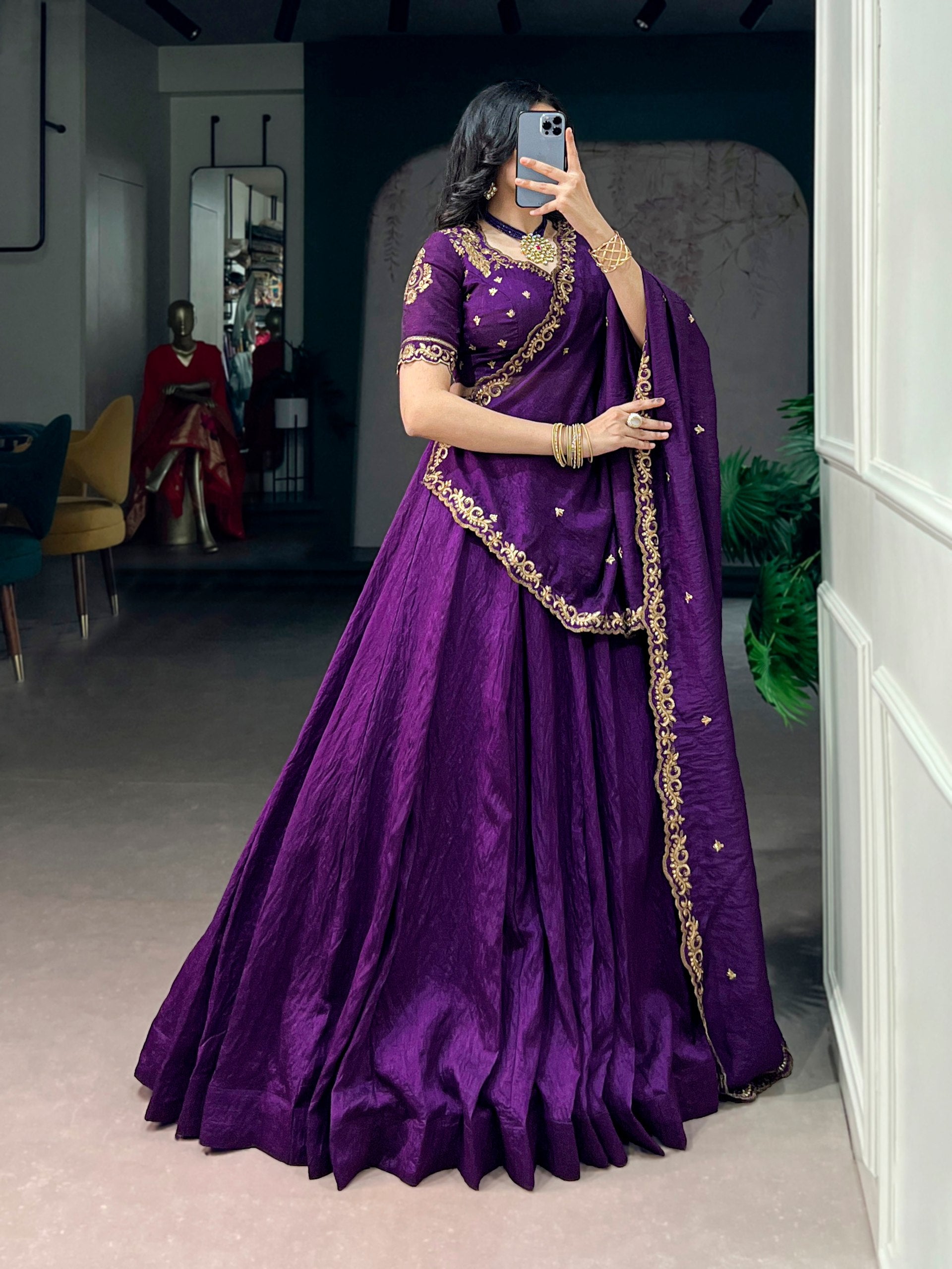 Purple NC Silk Lehenga Choli Set with Embroidered Dupatta