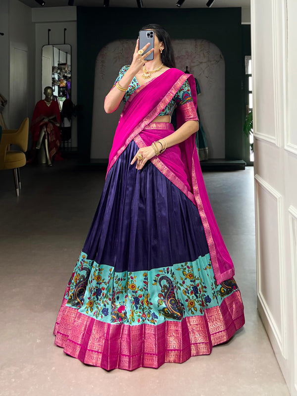 Purple Print Aastha Silk Lehenga Choli Set with Pink Dupatta
