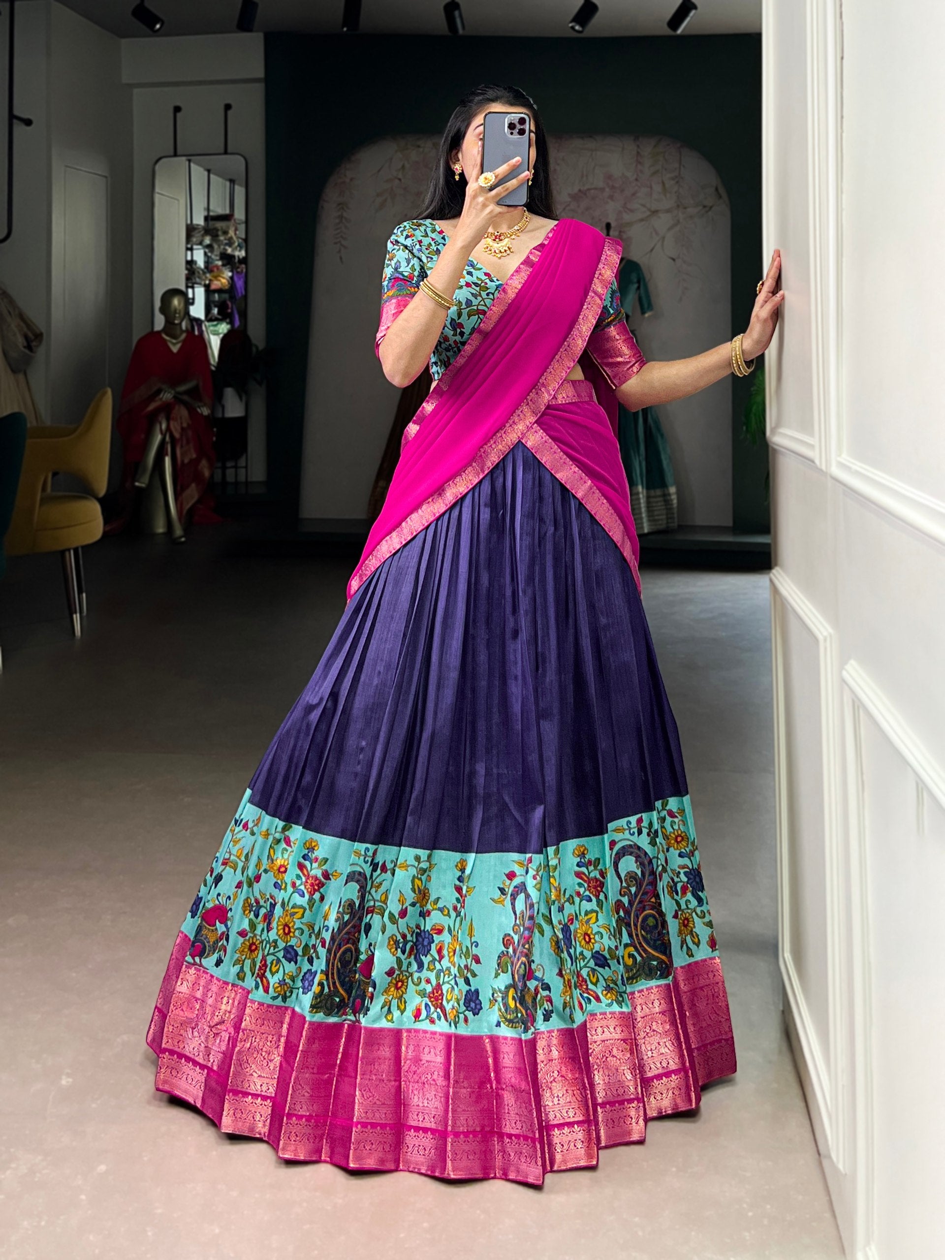 Purple Print Aastha Silk Lehenga Choli Set with Pink Dupatta