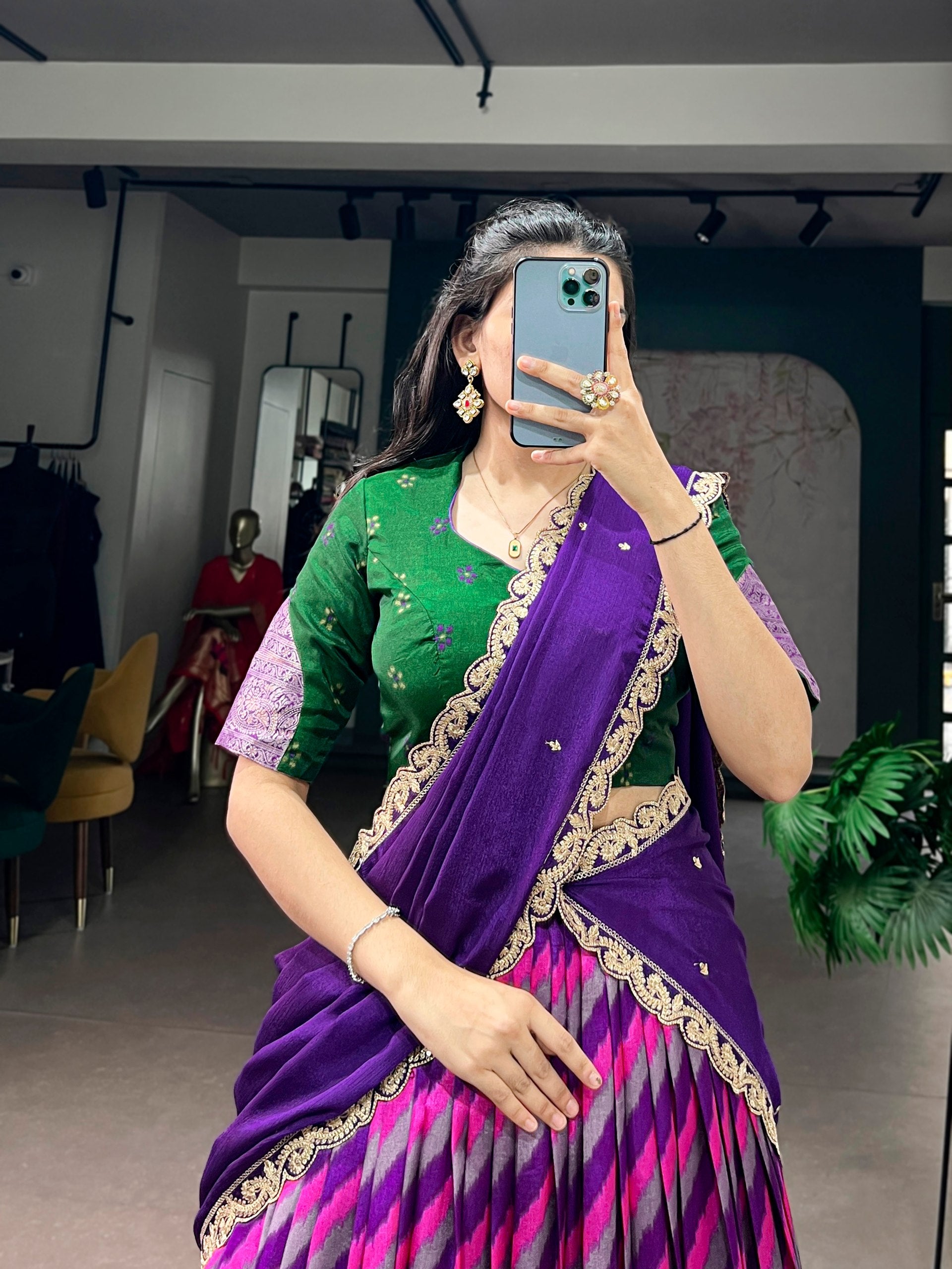 Purple Leheriya Printed Tasar Silk Lehenga Choli Set with Embroidered Dupatta