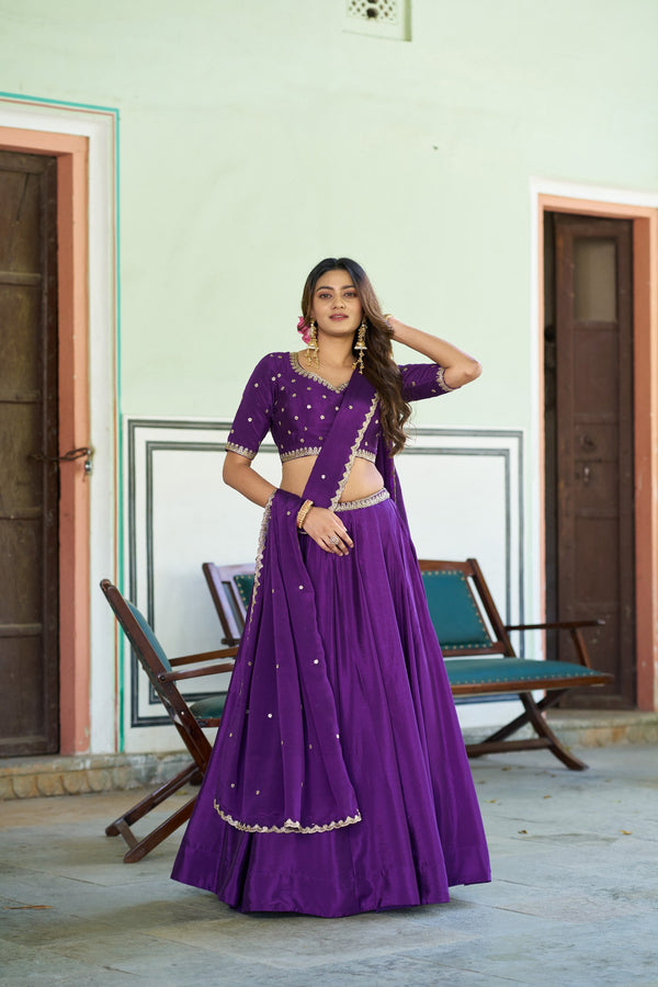 Purple Sequin Embroidered Chinon Lehenga Choli Set