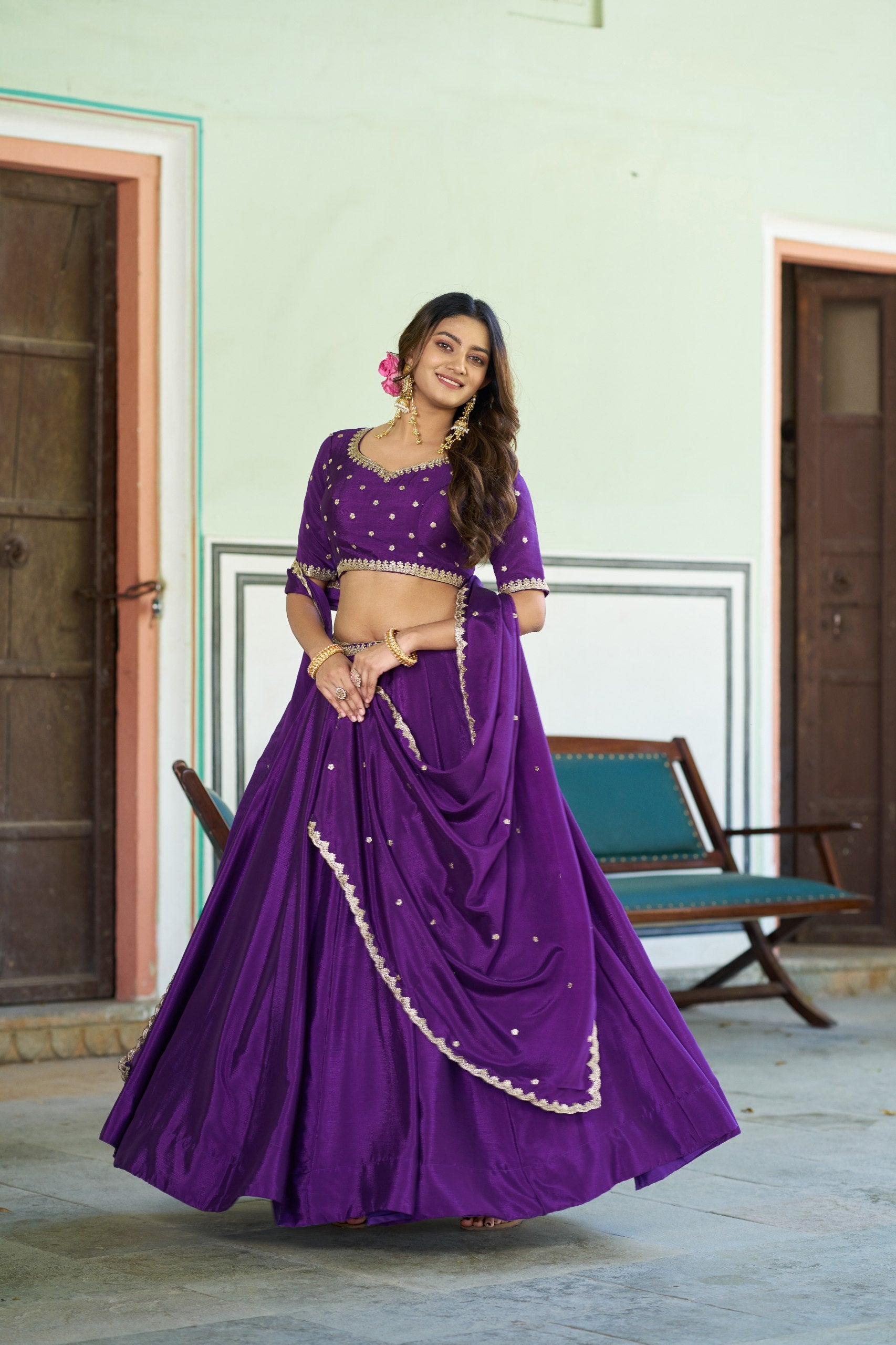 Purple Sequin Embroidered Chinon Lehenga Choli Set