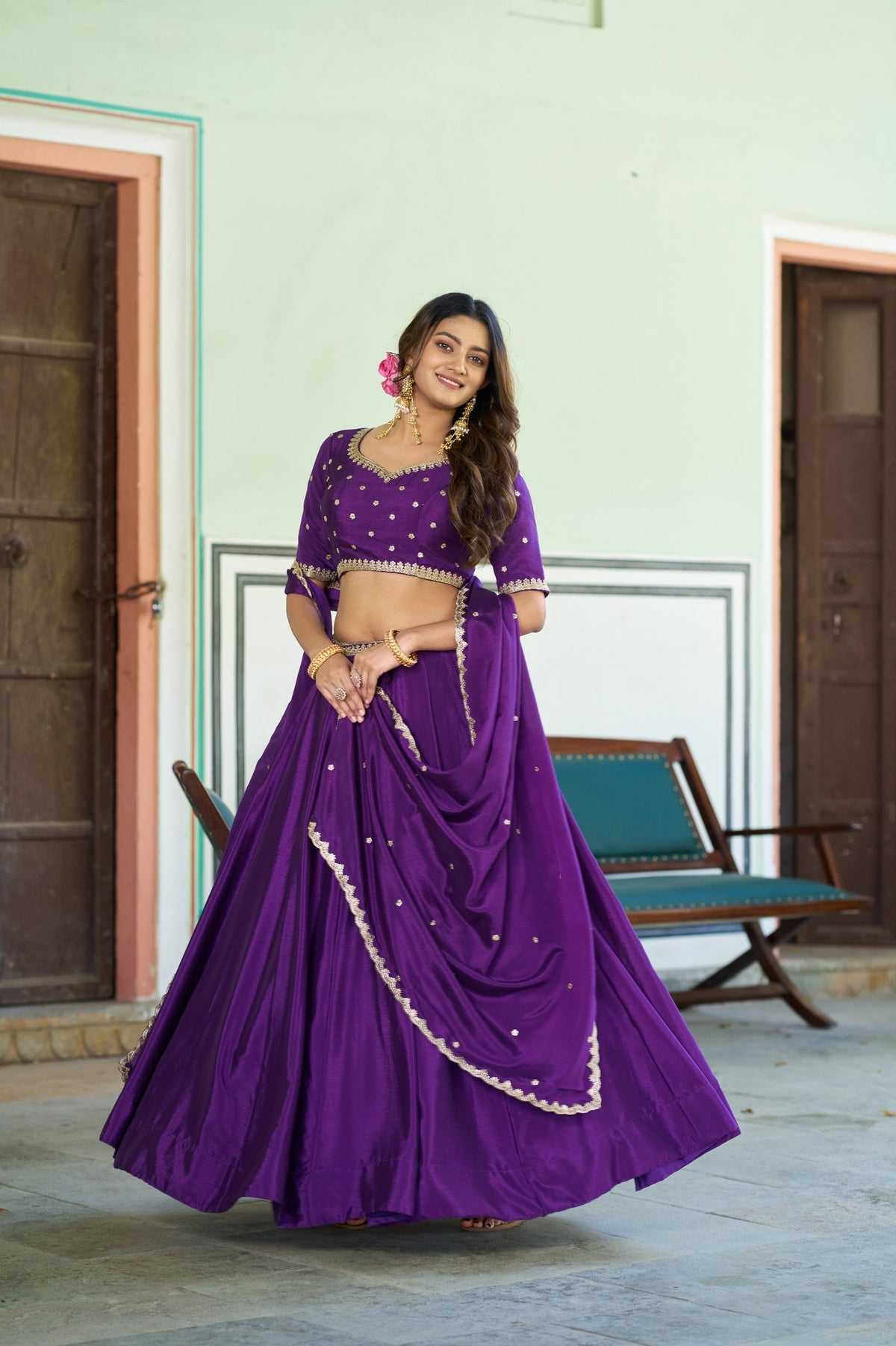 Purple Sequin Embroidered Chinon Lehenga Choli Set