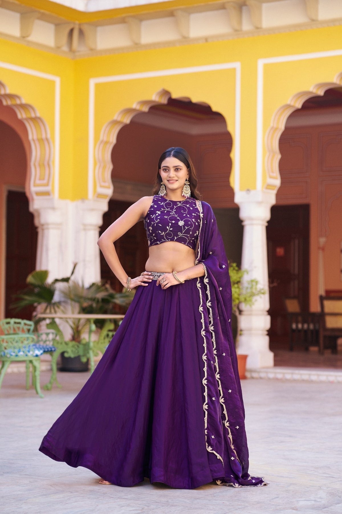 Purple Sequin Embroidered Fendi Silk Lehenga Choli Set