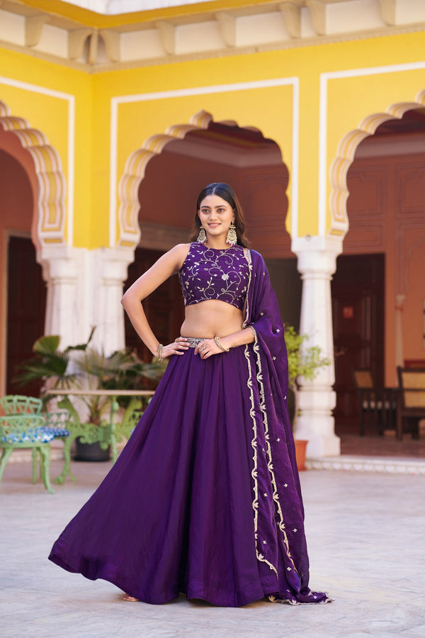 Purple Sequin Embroidered Fendi Silk Lehenga Choli Set