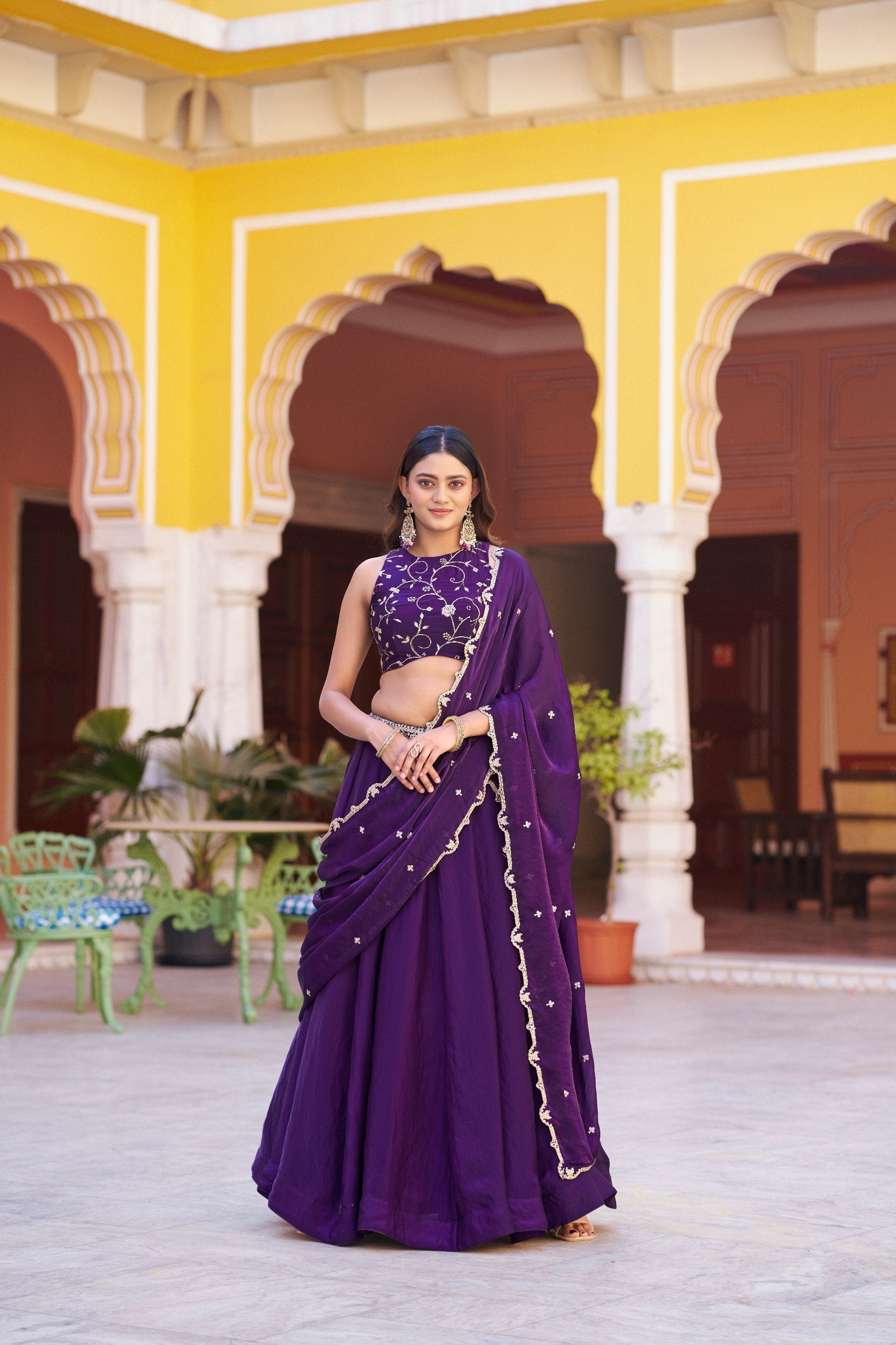 Purple Sequin Embroidered Fendi Silk Lehenga Choli Set