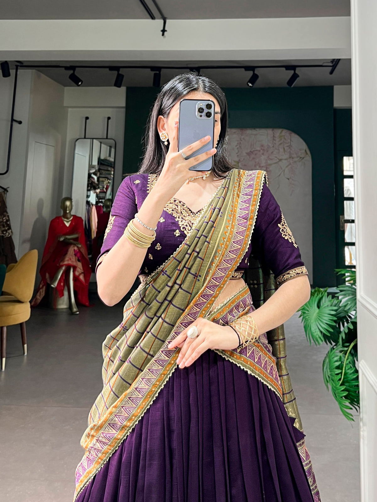 Purple Embroidered Vichitra Silk Lehenga Choli Set with Foil Printed Dupatta