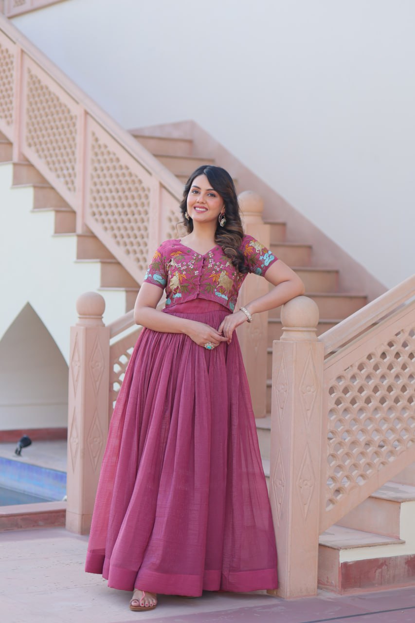 Silver Crunchy Fabric Gown with Embroidered Koti