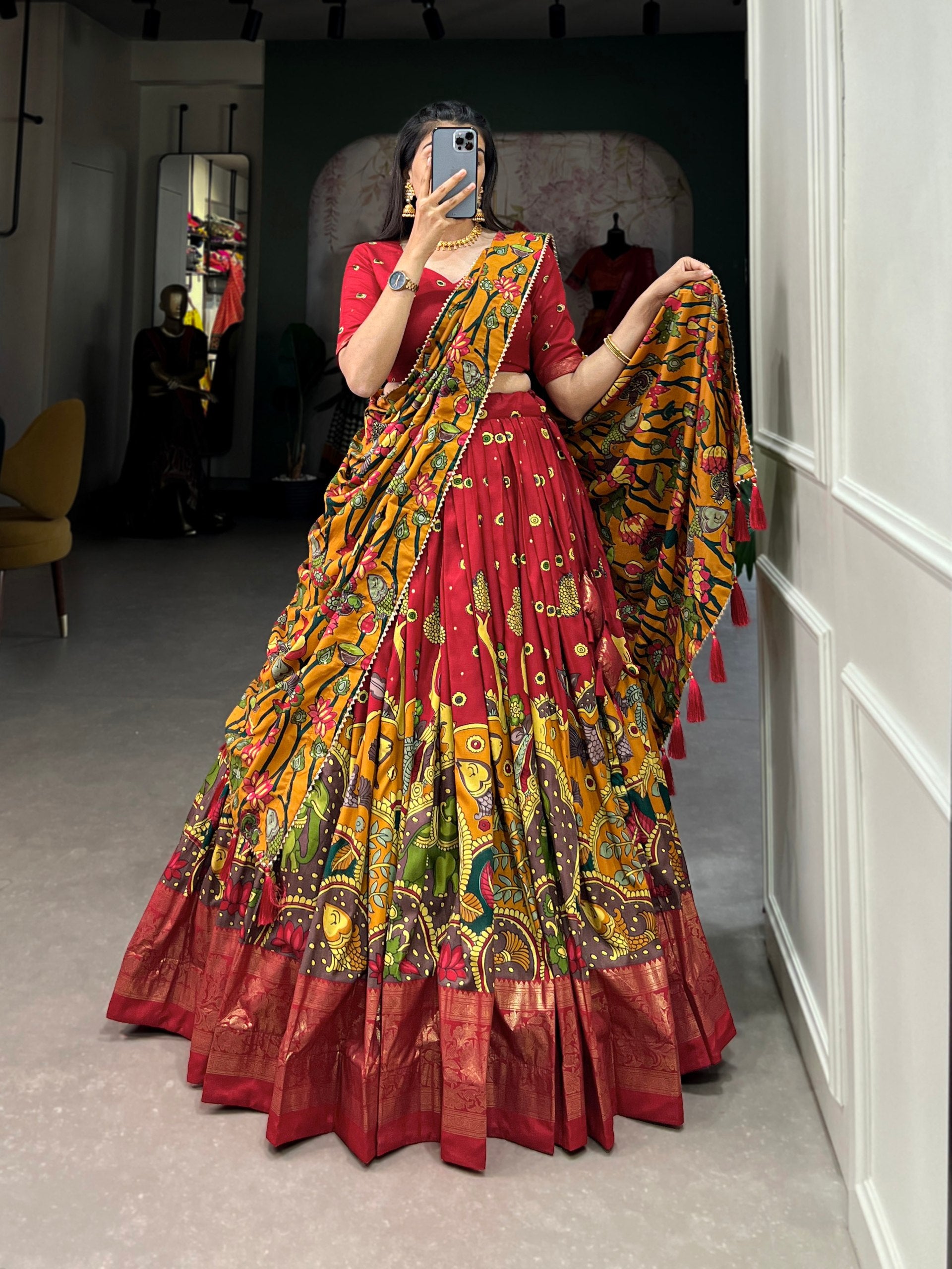Red Kalamkari Printed Silk Lehenga Choli Set with Tassel Dupatta