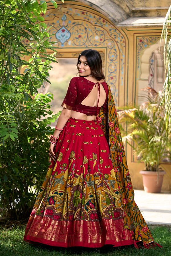 Red Kalamkari Printed Tasar Silk Lehenga Choli Set with Tassel Dupatta