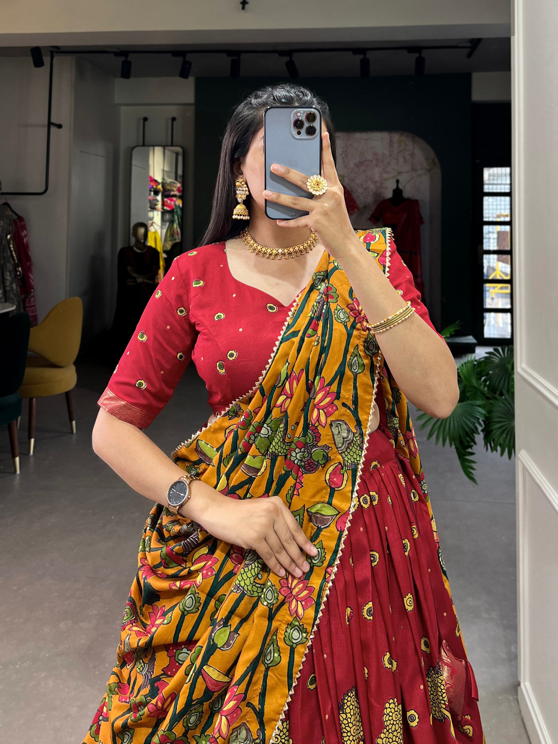 Red Kalamkari Printed Silk Lehenga Choli Set with Tassel Dupatta