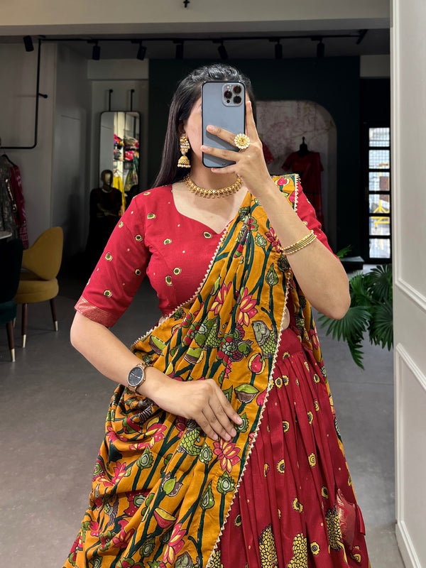 Red Kalamkari Printed Silk Lehenga Choli Set with Tassel Dupatta