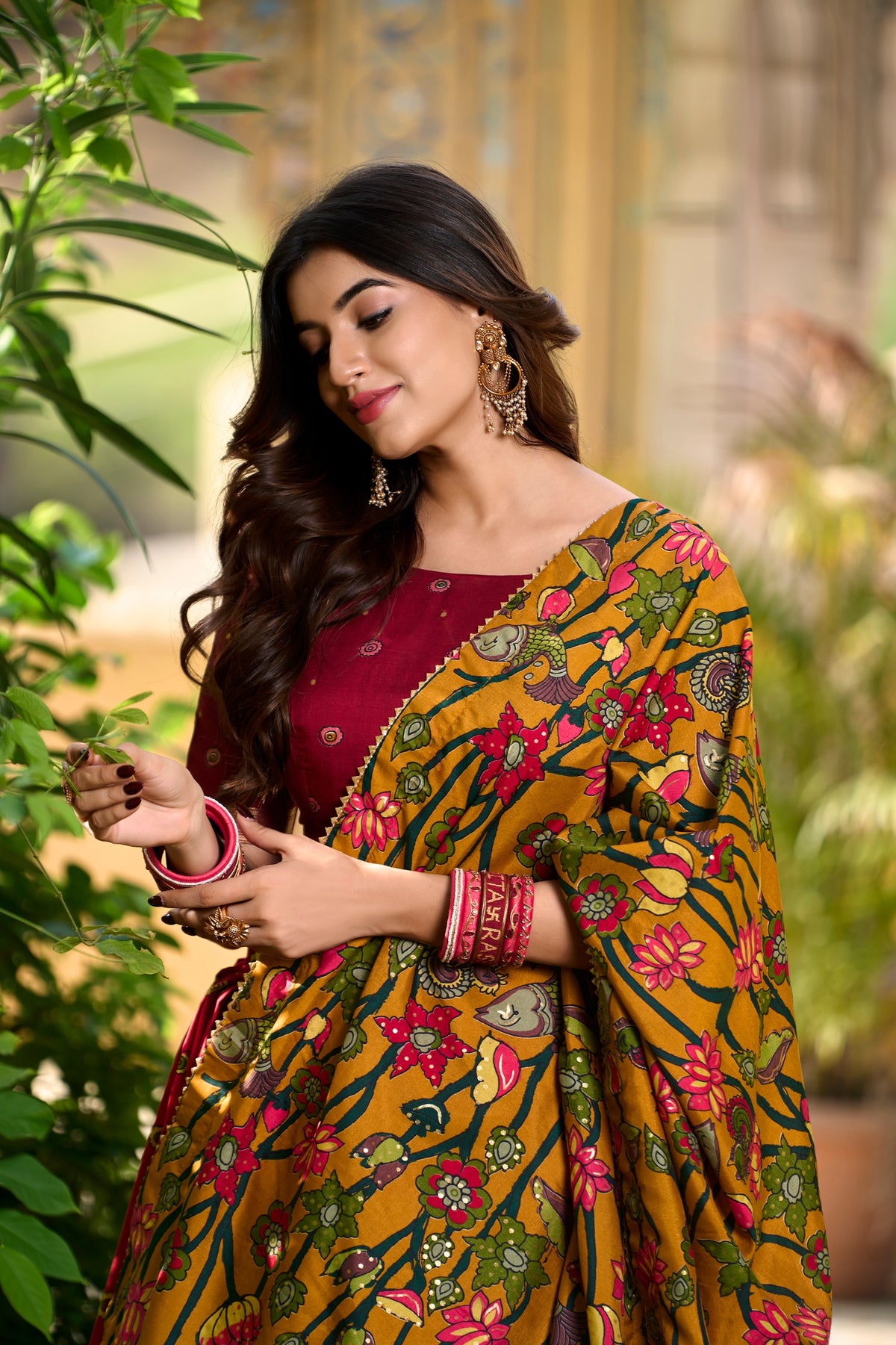 Red Kalamkari Printed Tasar Silk Lehenga Choli Set with Tassel Dupatta