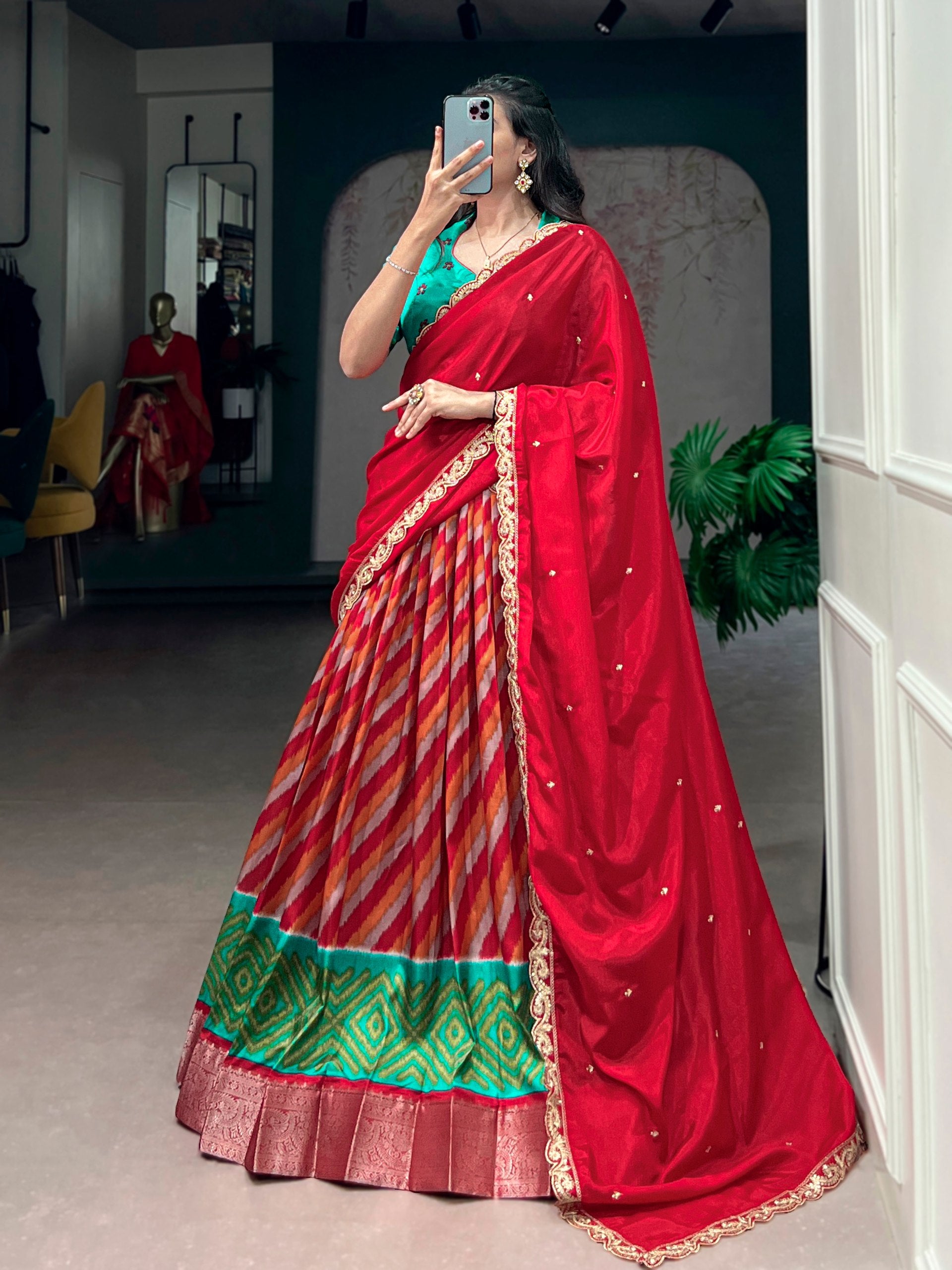 Red Leheriya Printed Tasar Silk Lehenga Choli Set with Embroidered Dupatta