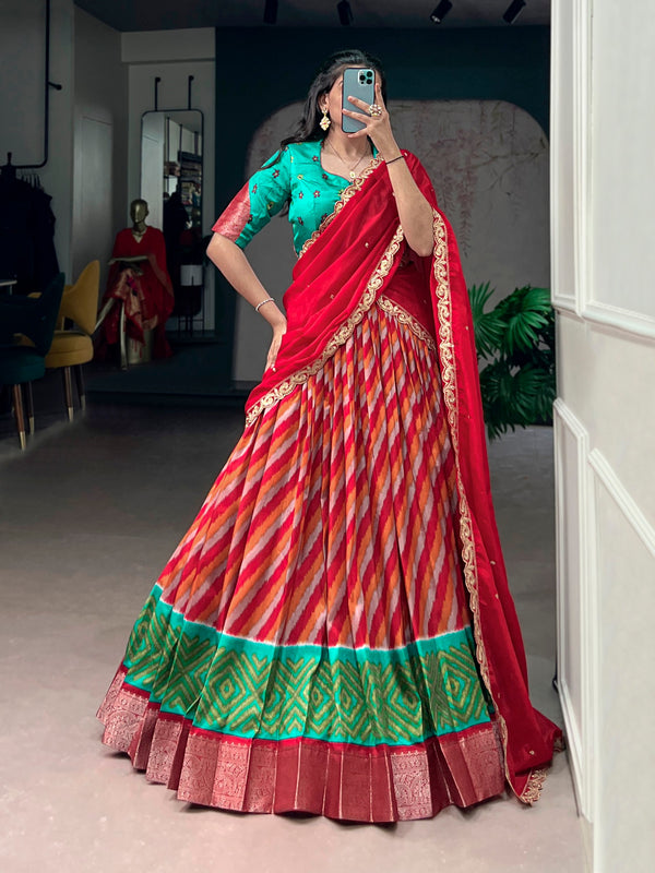 Red Leheriya Printed Tasar Silk Lehenga Choli Set with Embroidered Dupatta