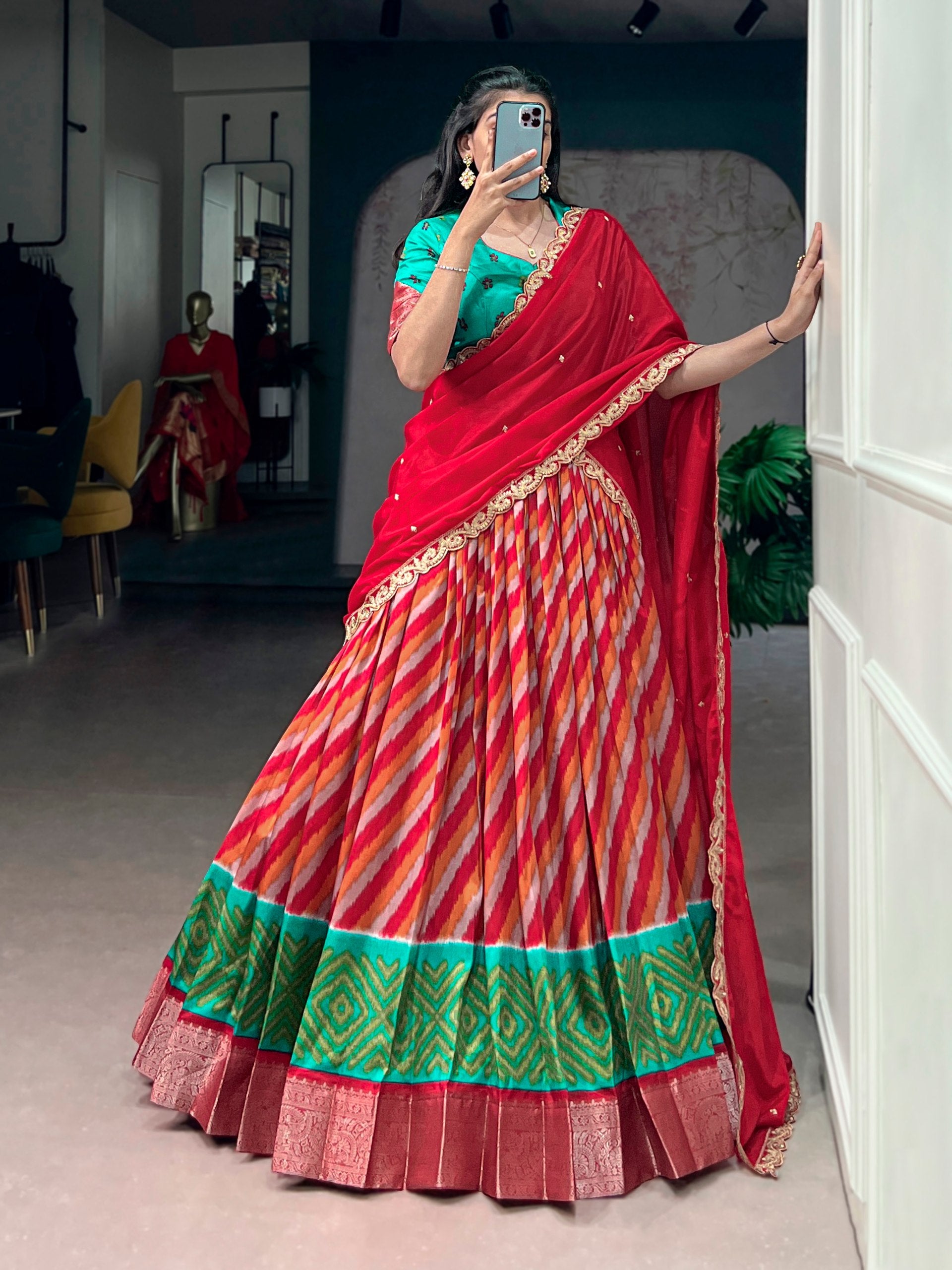 Red Leheriya Printed Tasar Silk Lehenga Choli Set with Embroidered Dupatta