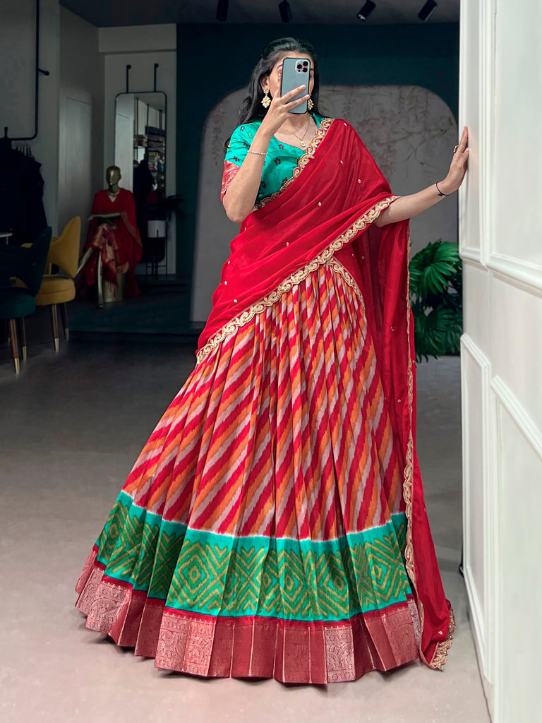 Red Leheriya Printed Tasar Silk Lehenga Choli Set with Embroidered Dupatta