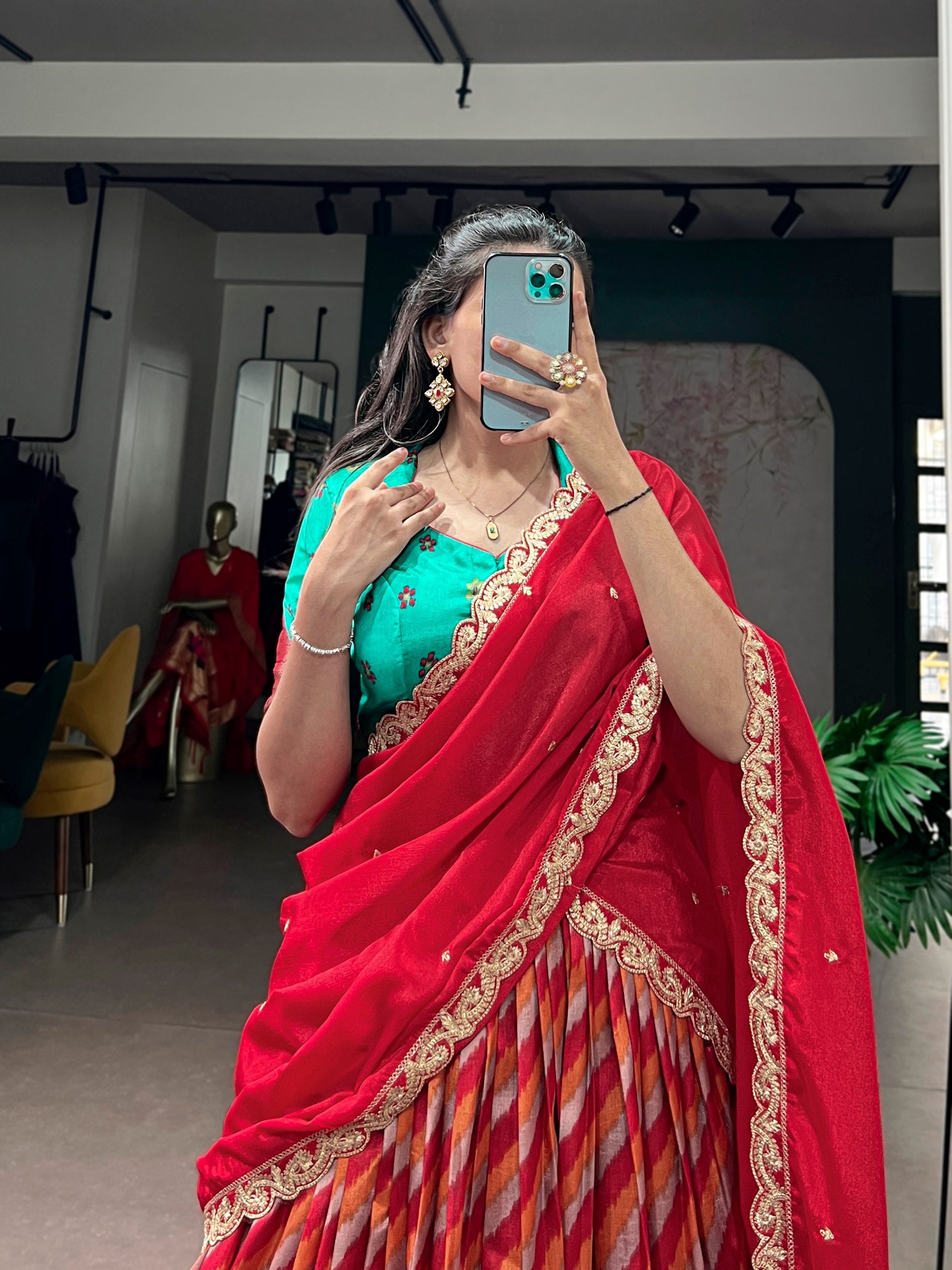 Red Leheriya Printed Tasar Silk Lehenga Choli Set with Embroidered Dupatta