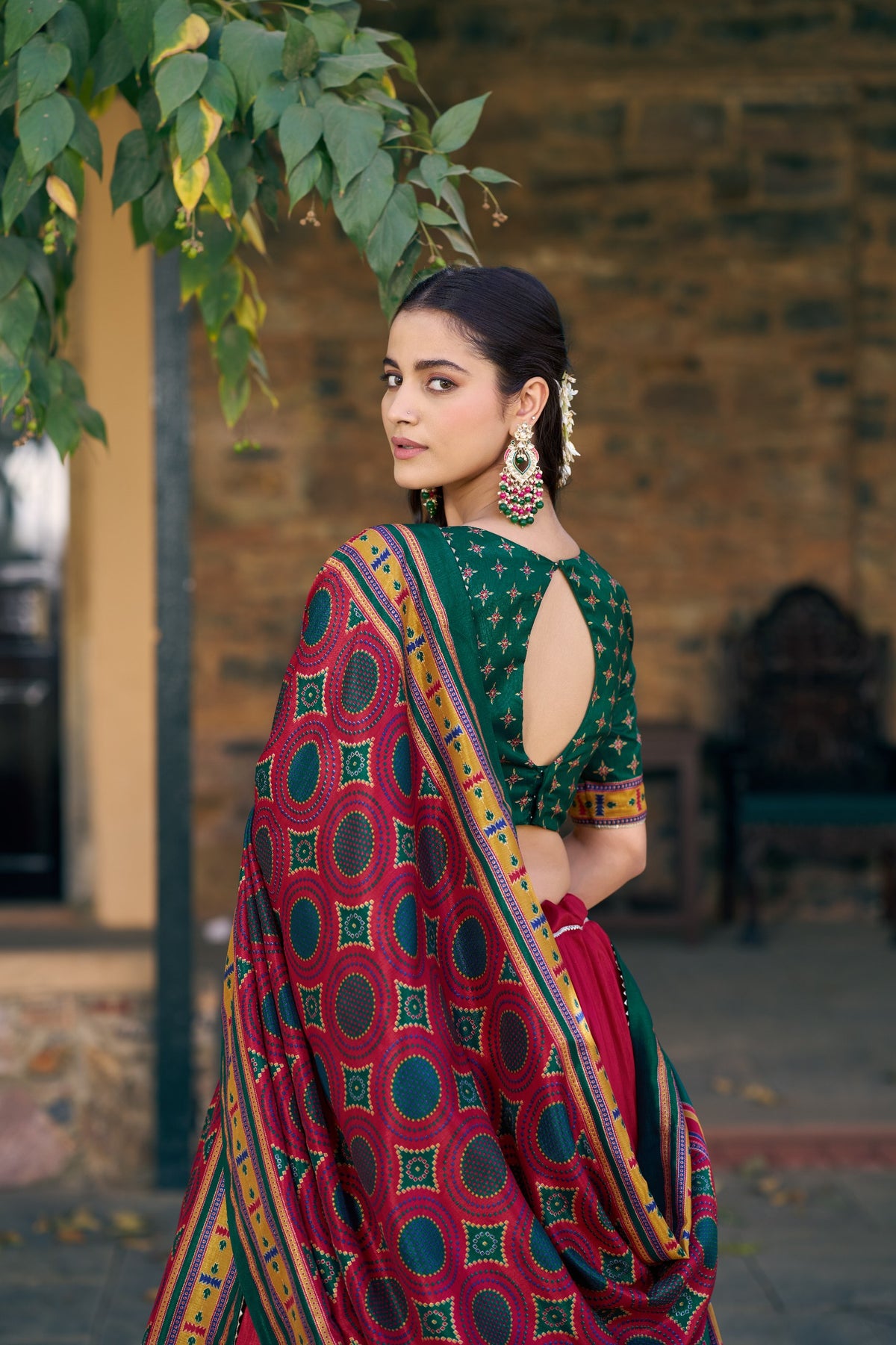 Red Tasar Silk Lehenga Choli Set with Printed Tassel Dupatta