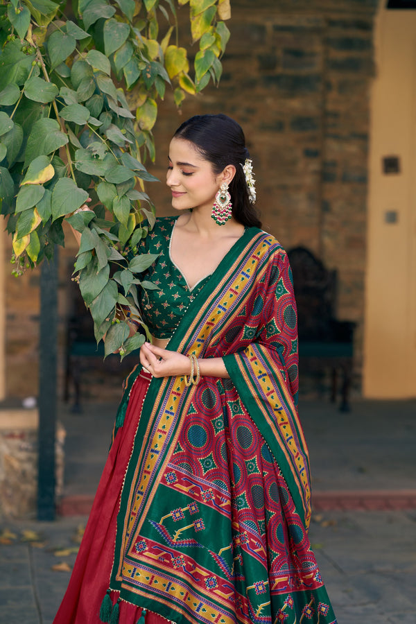 Red Tasar Silk Lehenga Choli Set with Printed Tassel Dupatta