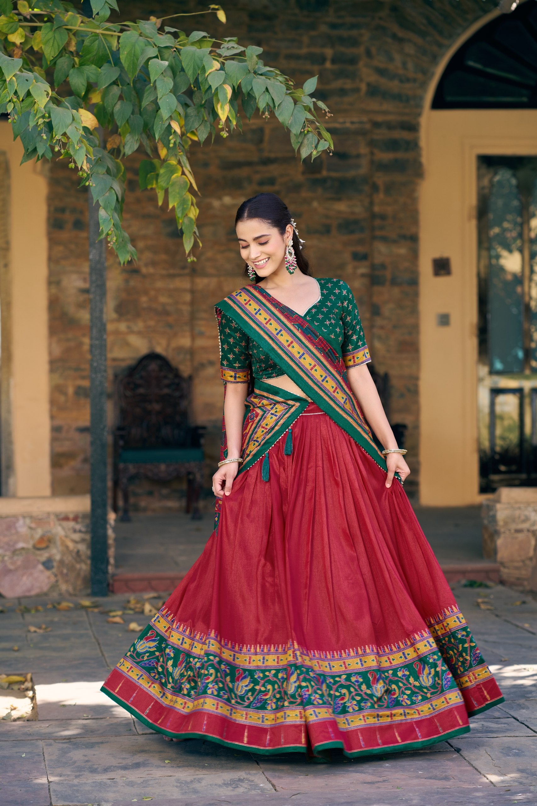 Red Tasar Silk Lehenga Choli Set with Printed Tassel Dupatta