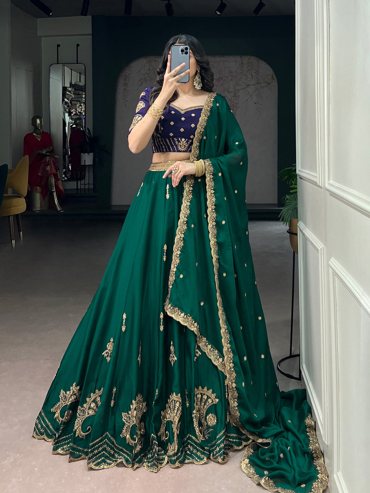 Regal Emerald Green Sequin Embroidered Rangoli Silk Lehenga Choli Set