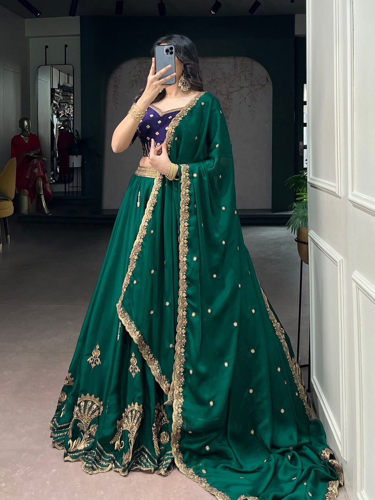 Regal Emerald Green Sequin Embroidered Rangoli Silk Lehenga Choli Set