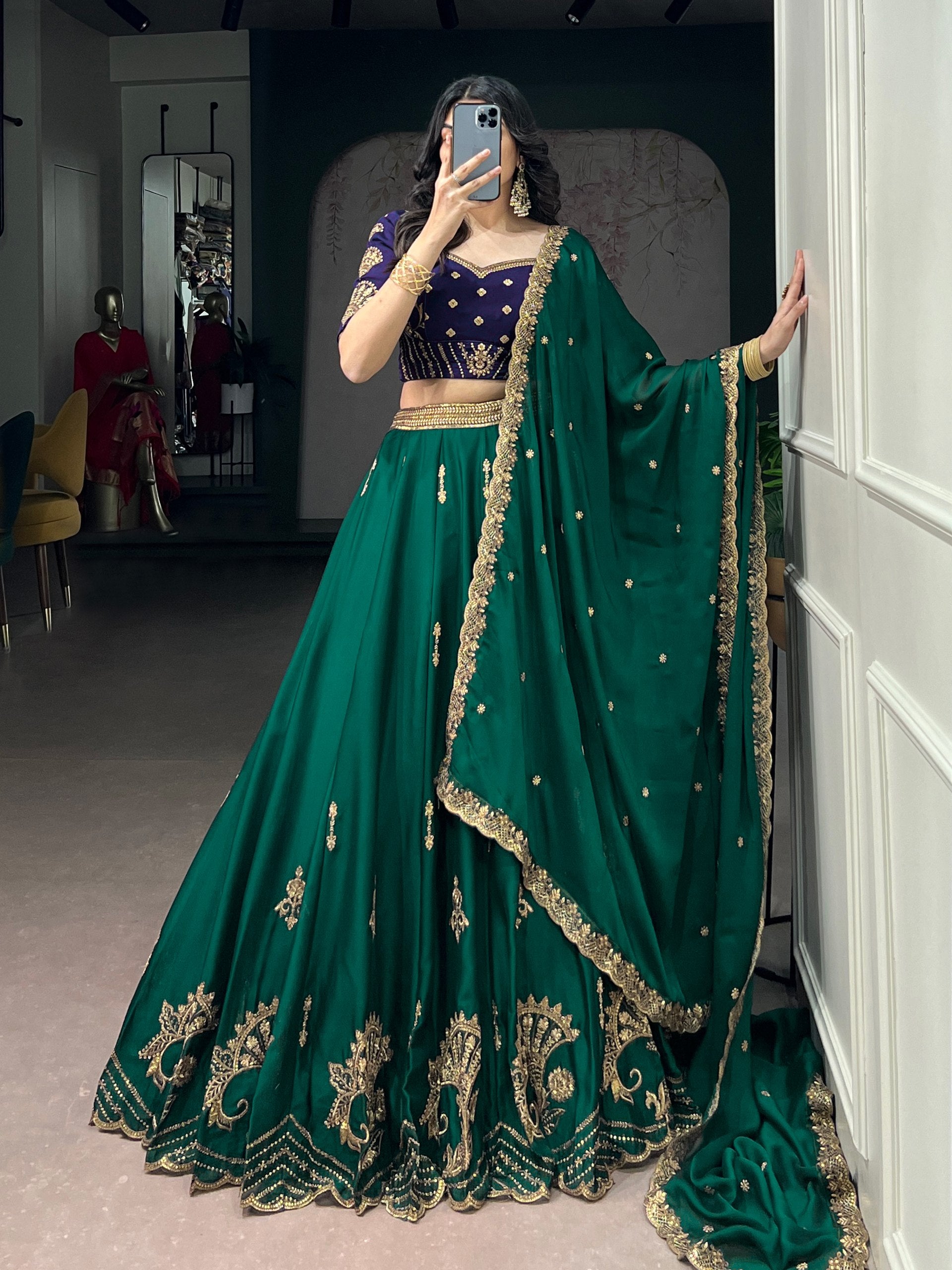 Regal Emerald Green Sequin Embroidered Rangoli Silk Lehenga Choli Set