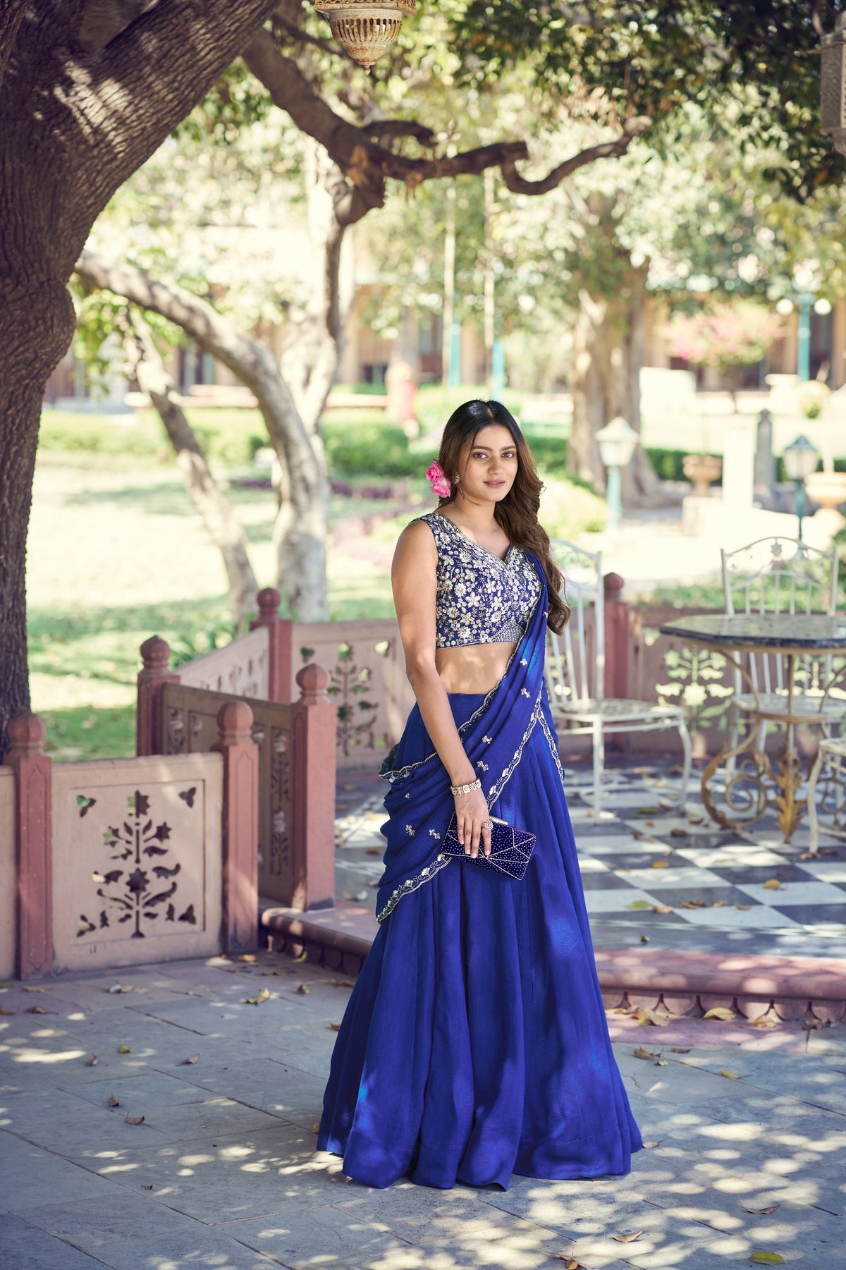 Royal Blue P.C. Kashmiri Lehenga Choli Set with Tube Bead Embroidery