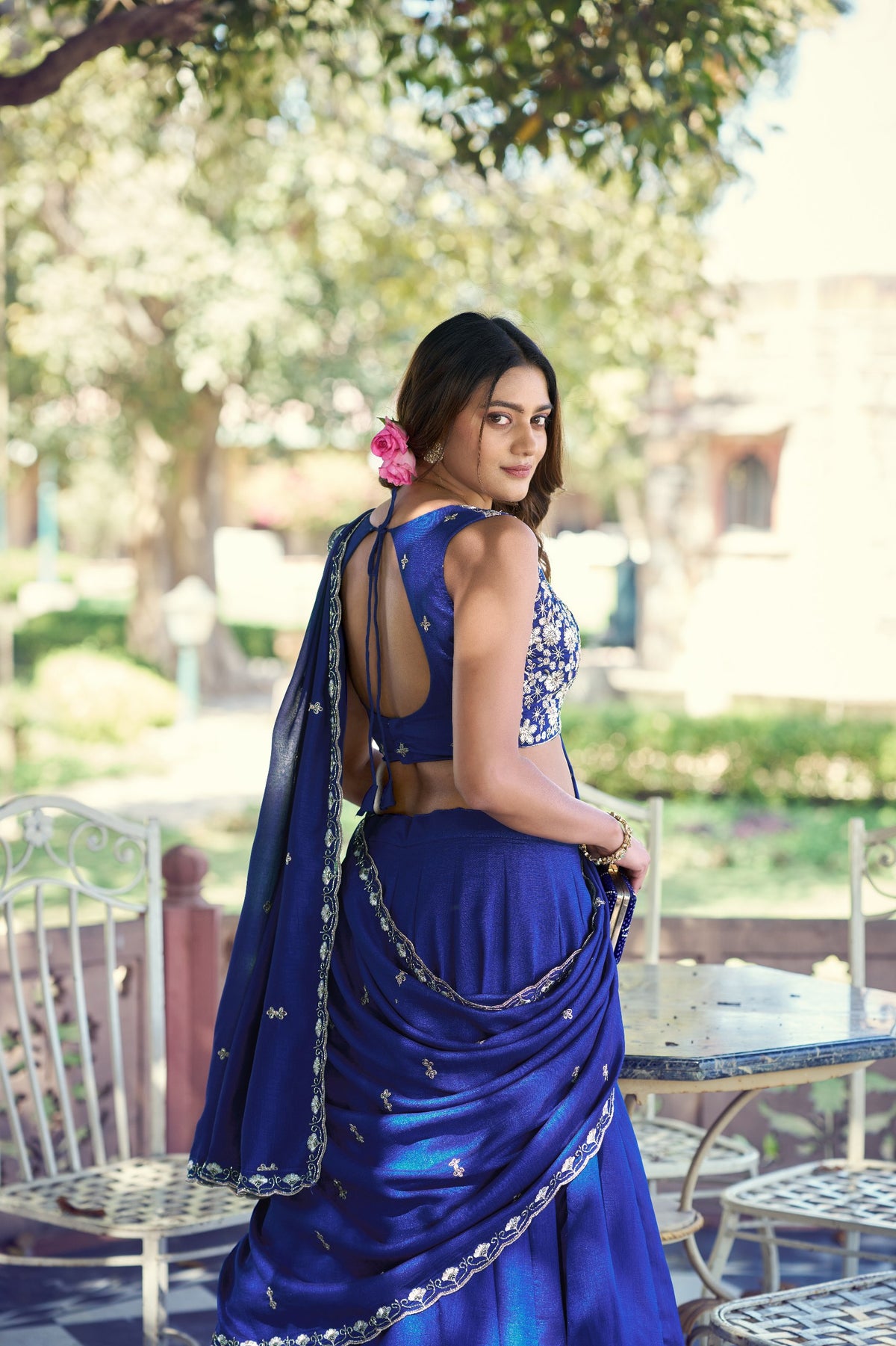 Royal Blue P.C. Kashmiri Lehenga Choli Set with Tube Bead Embroidery