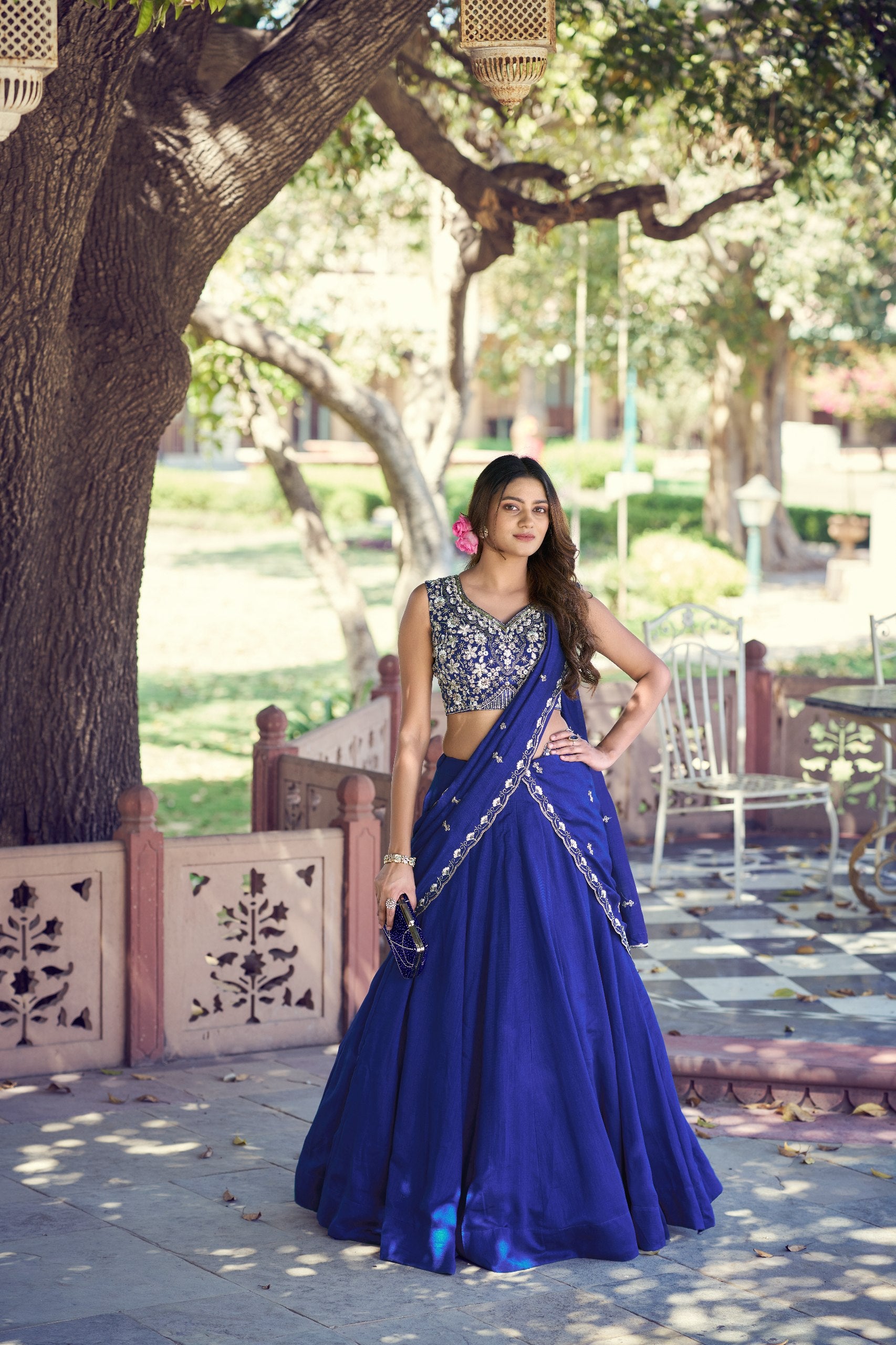 Royal Blue P.C. Kashmiri Lehenga Choli Set with Tube Bead Embroidery
