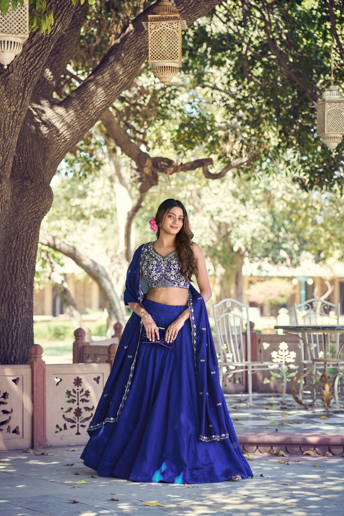 Royal Blue P.C. Kashmiri Lehenga Choli Set with Tube Bead Embroidery