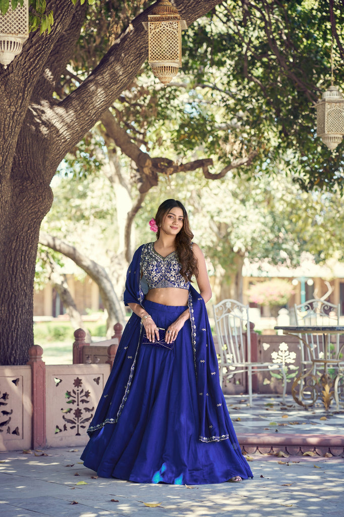 Royal Blue P.C. Kashmiri Lehenga Choli Set with Tube Bead Embroidery