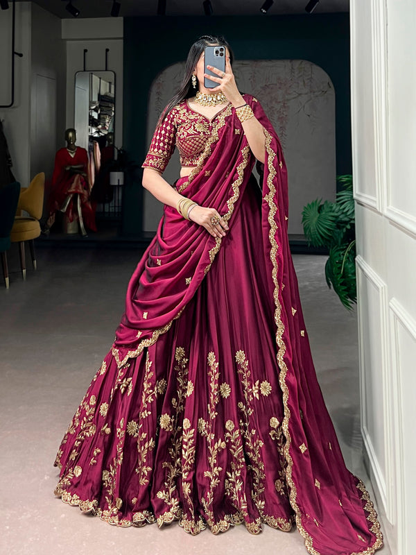 Royal Wine Floral Embroidered Rangoli Silk Lehenga Choli Set