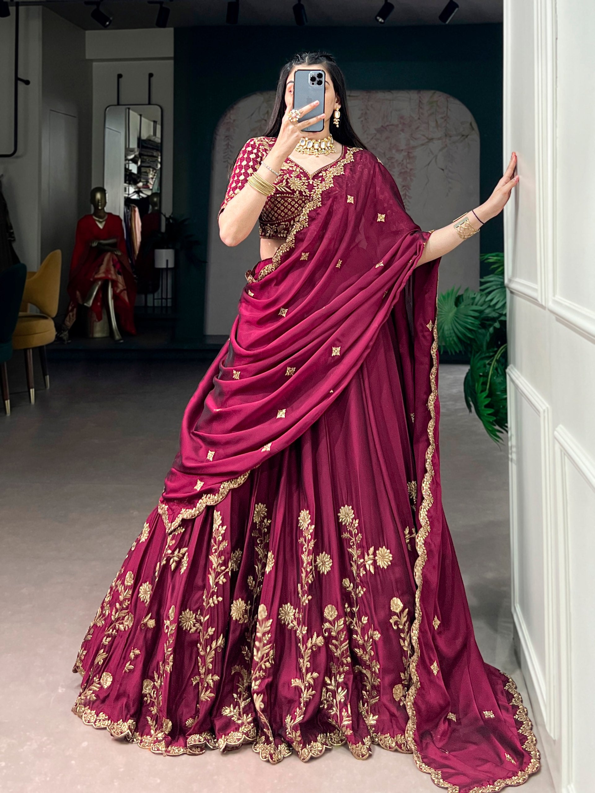 Royal Wine Floral Embroidered Rangoli Silk Lehenga Choli Set