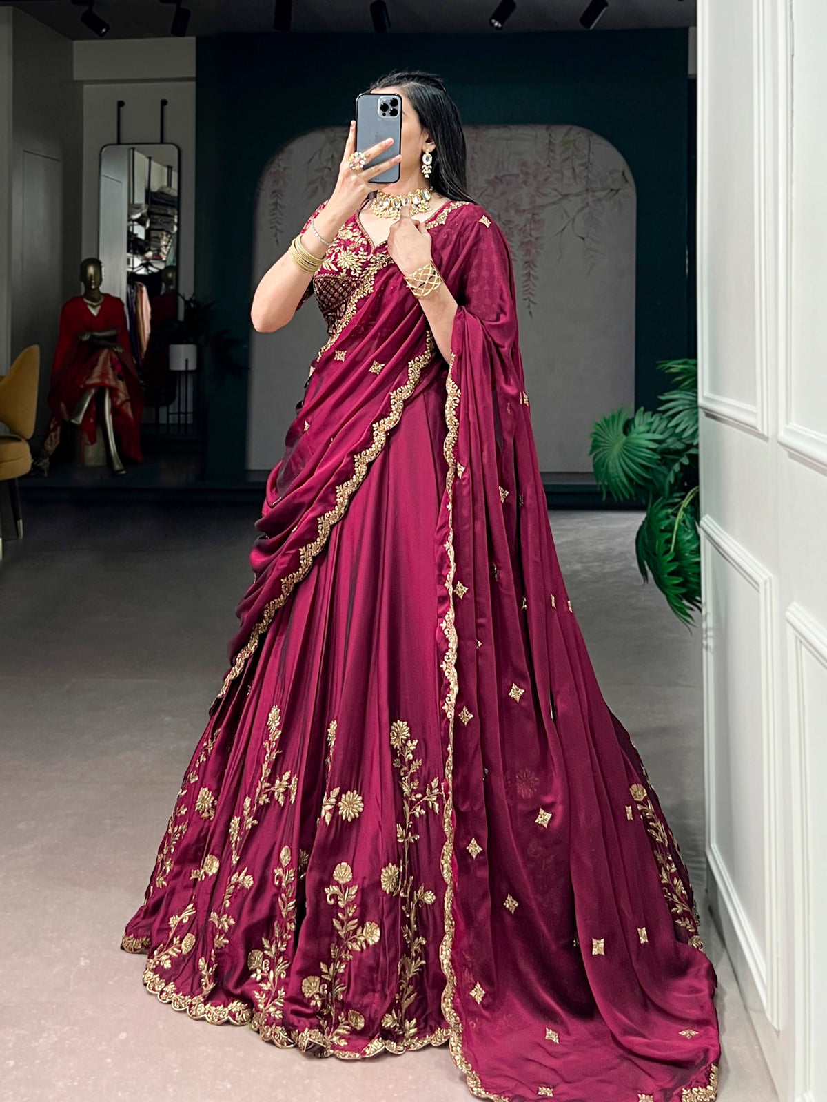 Royal Wine Floral Embroidered Rangoli Silk Lehenga Choli Set