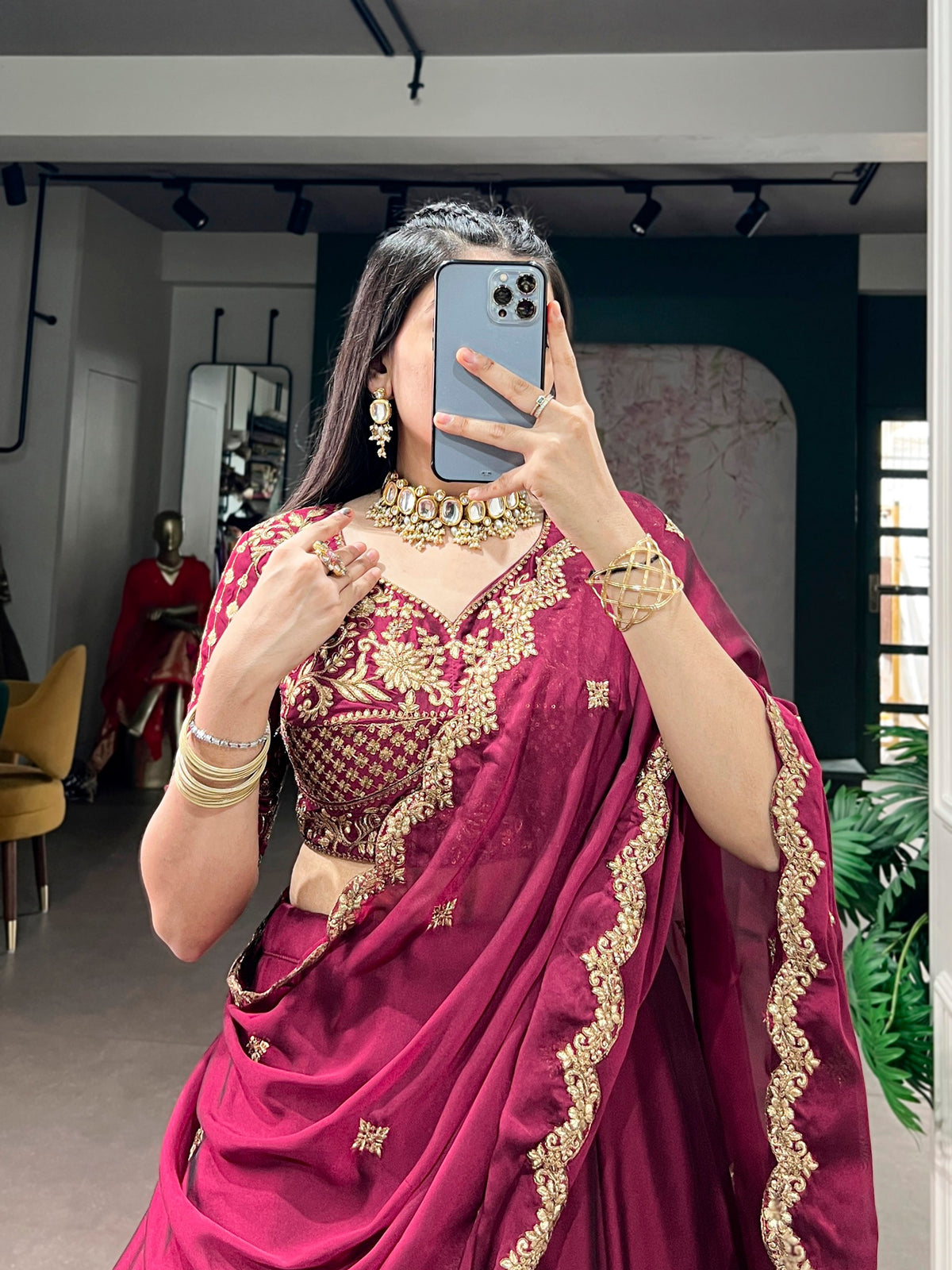 Royal Wine Floral Embroidered Rangoli Silk Lehenga Choli Set