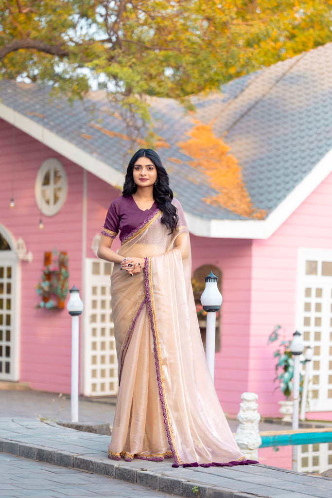 Luxurious Jimichu Tissue Saree with Sequence & Thread Butta Work Lace