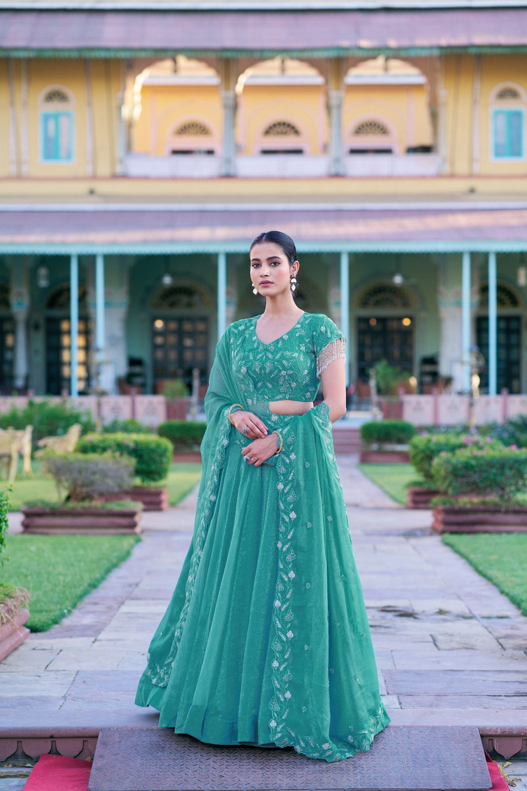 Sea Green Beaded Gold Coin Lehenga Choli Set