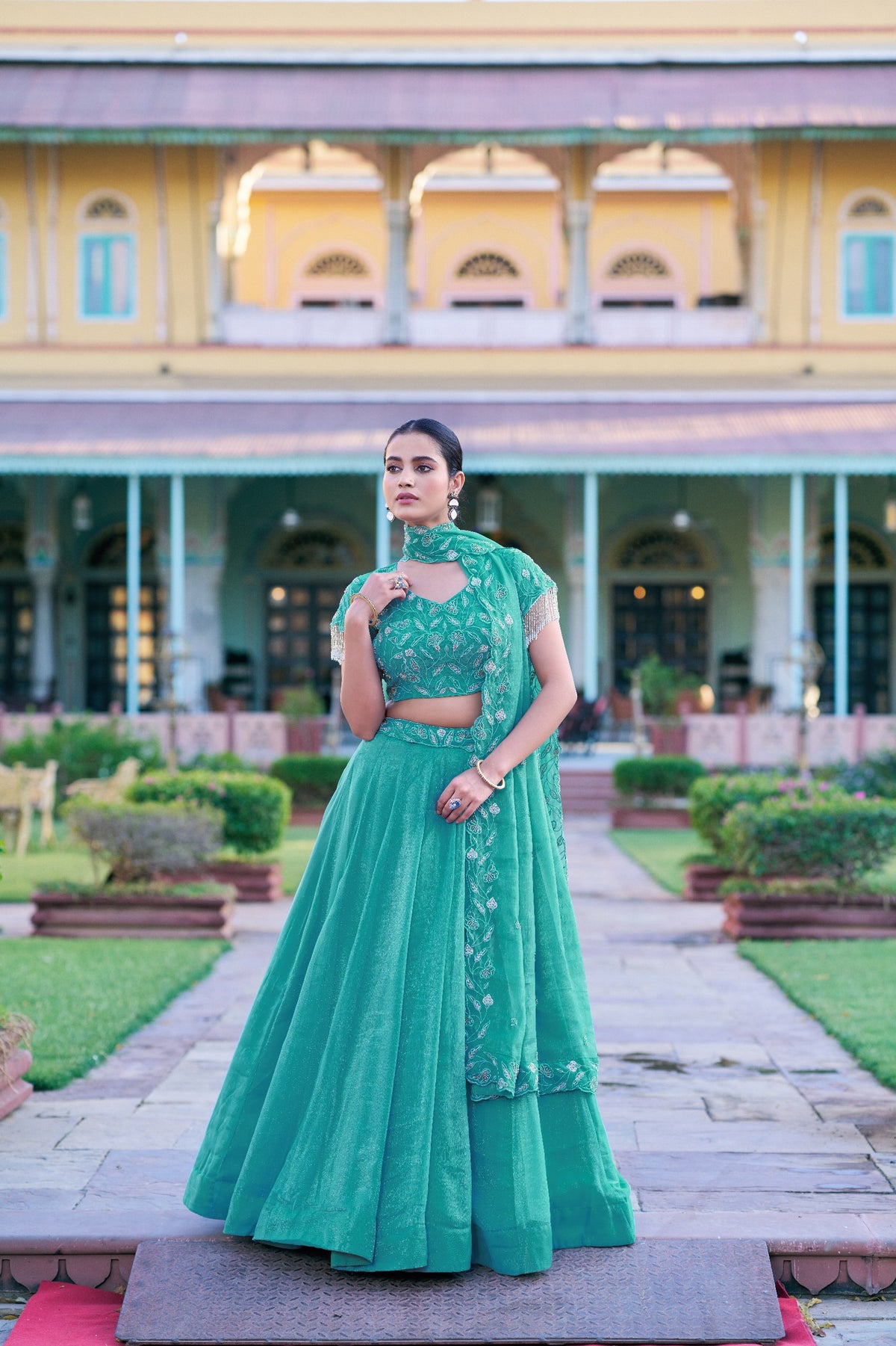 Sea Green Beaded Gold Coin Lehenga Choli Set