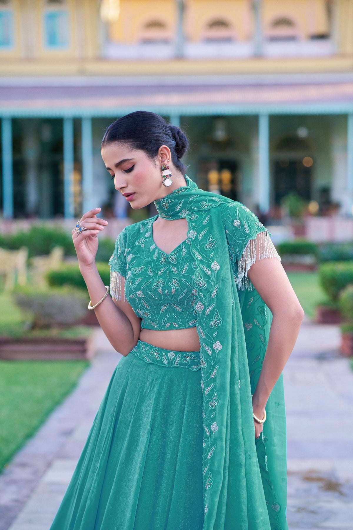 Sea Green Beaded Gold Coin Lehenga Choli Set
