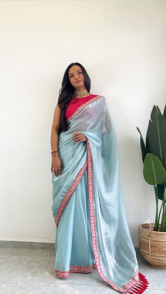 Graceful Jimichu Tissue Saree with Artistic Sequin & Thread Butta Design