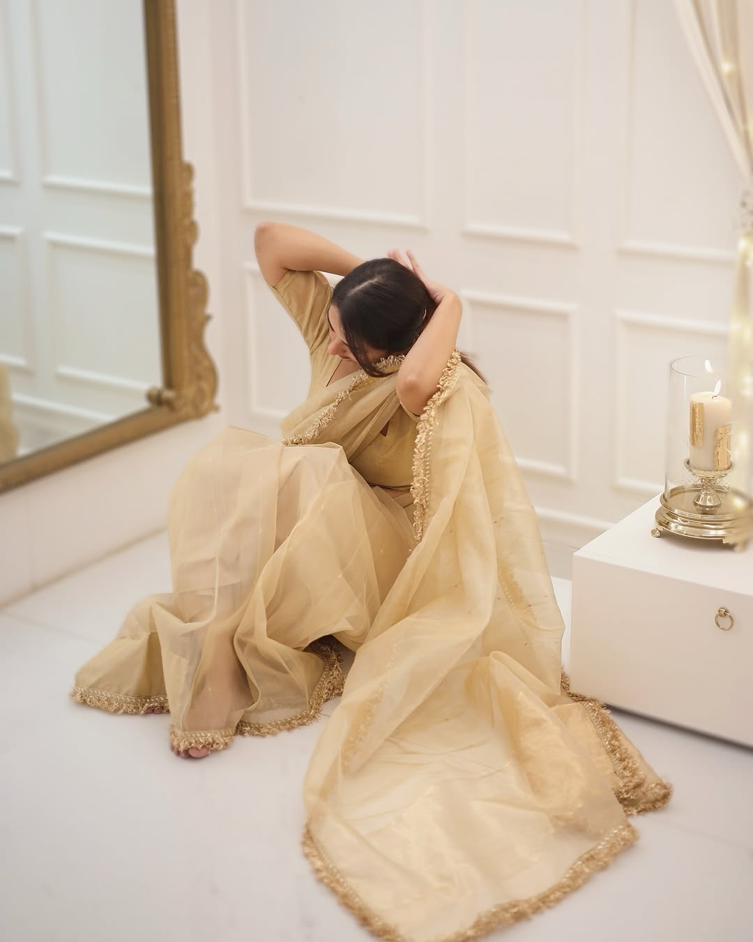 Beige Gold Fendy Silk With Far Border Saree