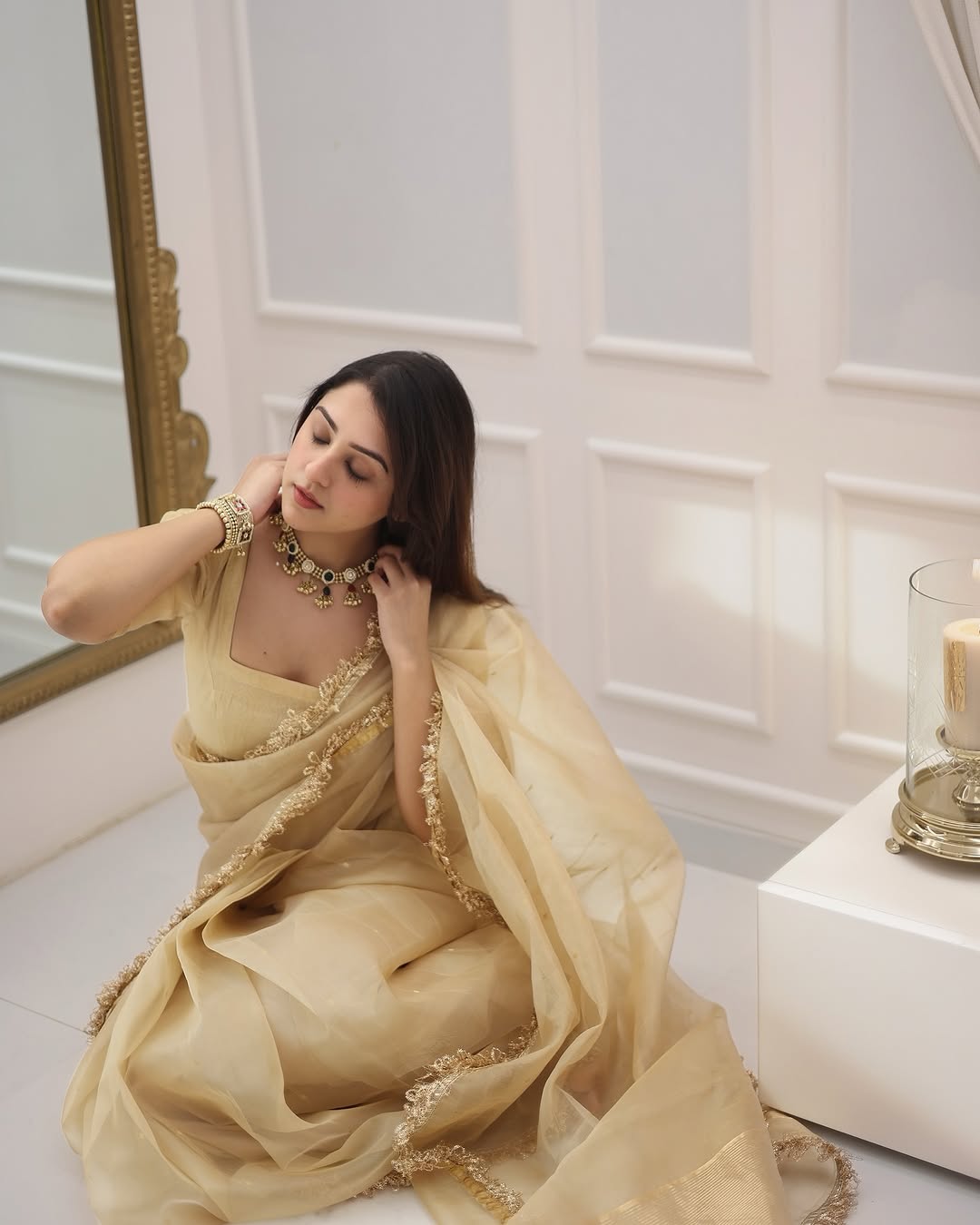 Beige Gold Fendy Silk With Far Border Saree