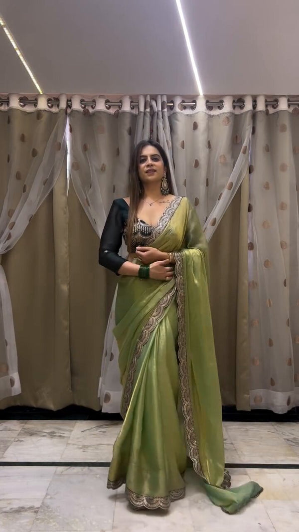 Fendy Satin Silk Saree with Ornate Zari Embroidery Cutwork Border and Designer Blouse