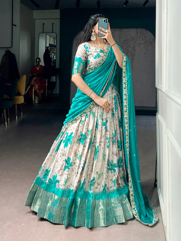 Teal Floral Printed Dola Chex Lehenga Choli Set with Embroidered Dupatta