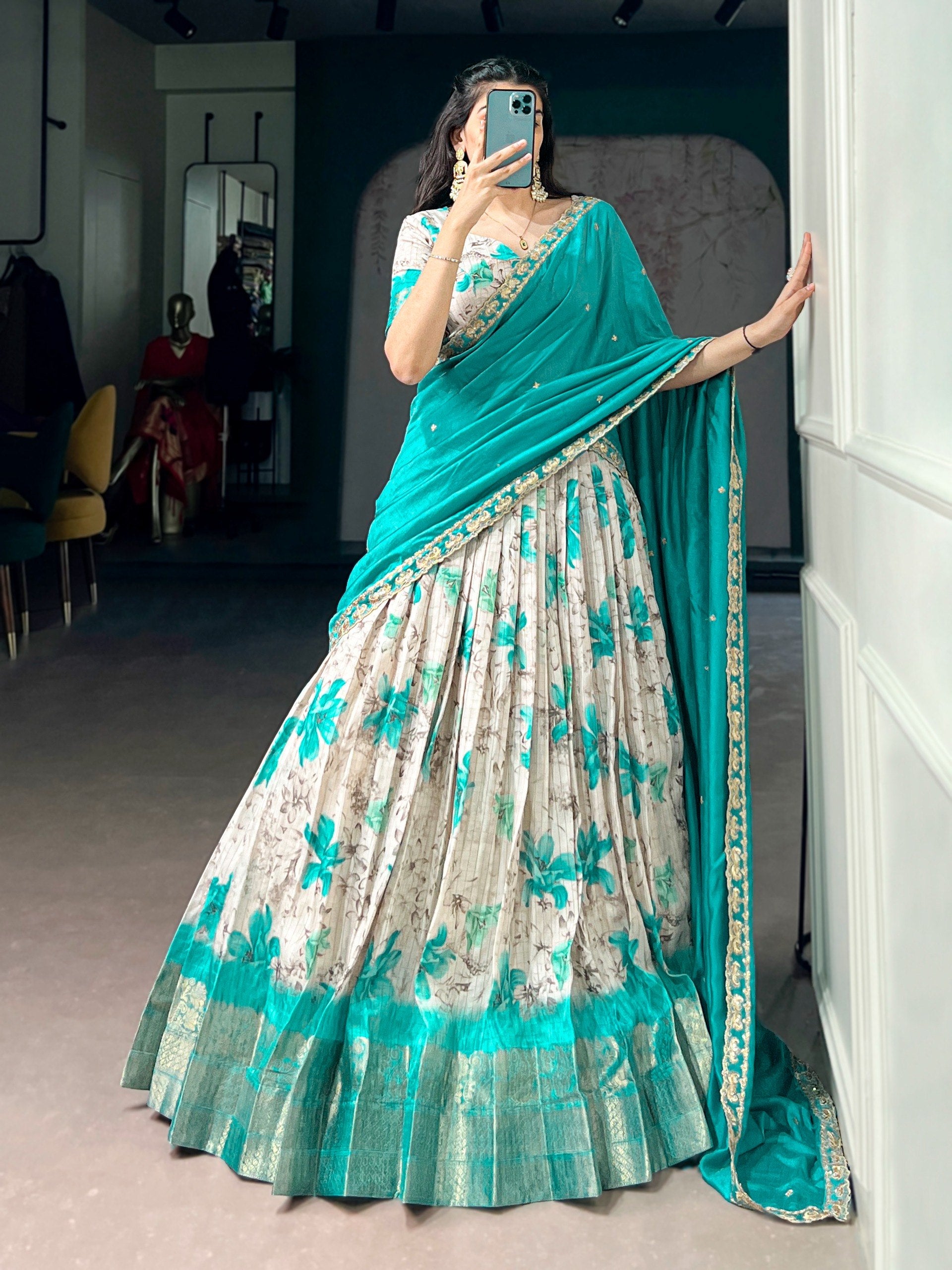 Teal Floral Printed Dola Chex Lehenga Choli Set with Embroidered Dupatta