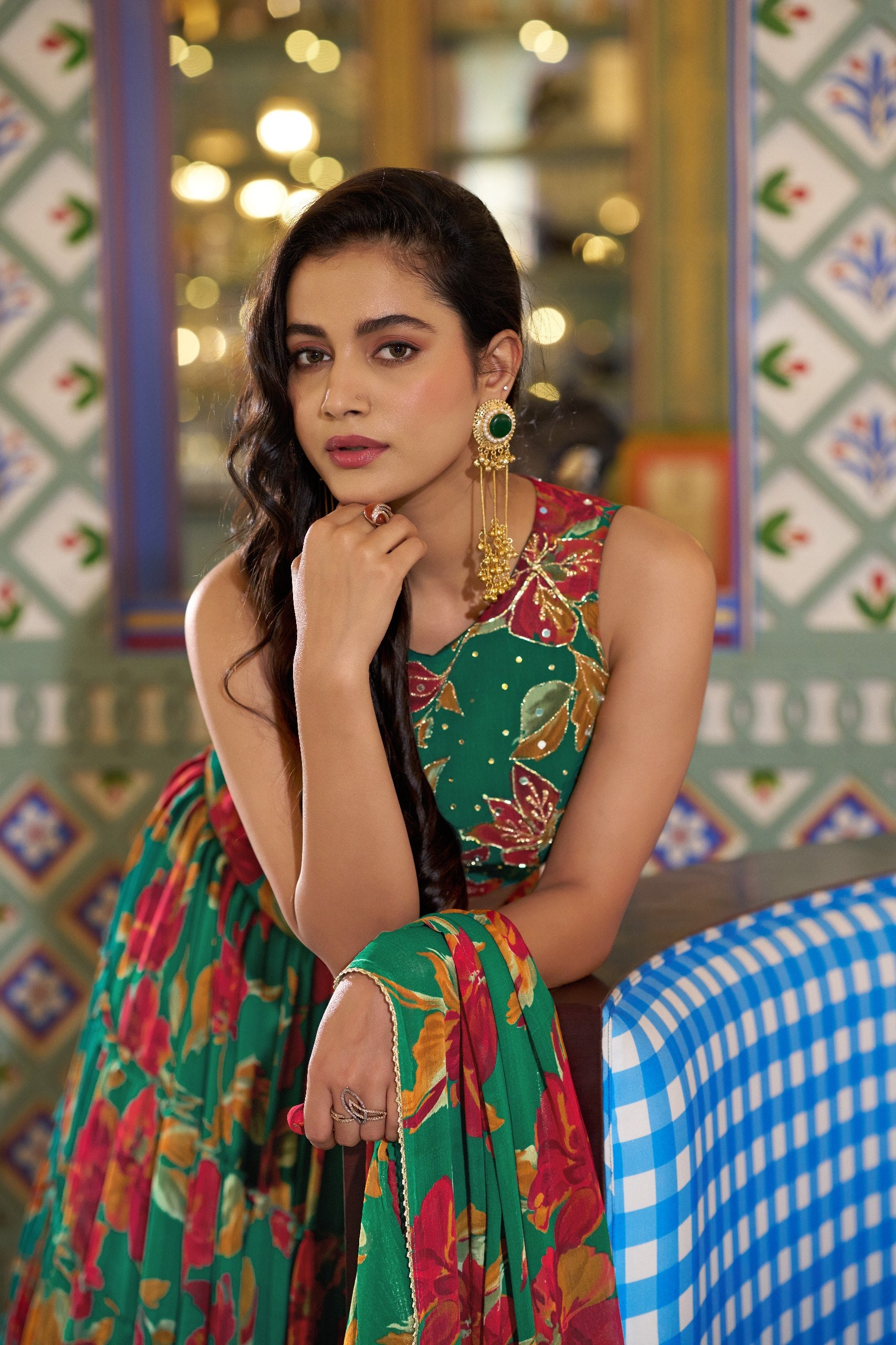 Teal Floral Printed Marble Lehenga Choli Set with Handwork Blouse