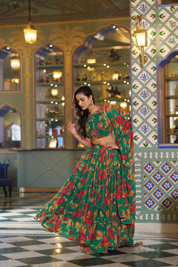 Teal Floral Printed Marble Lehenga Choli Set with Handwork Blouse