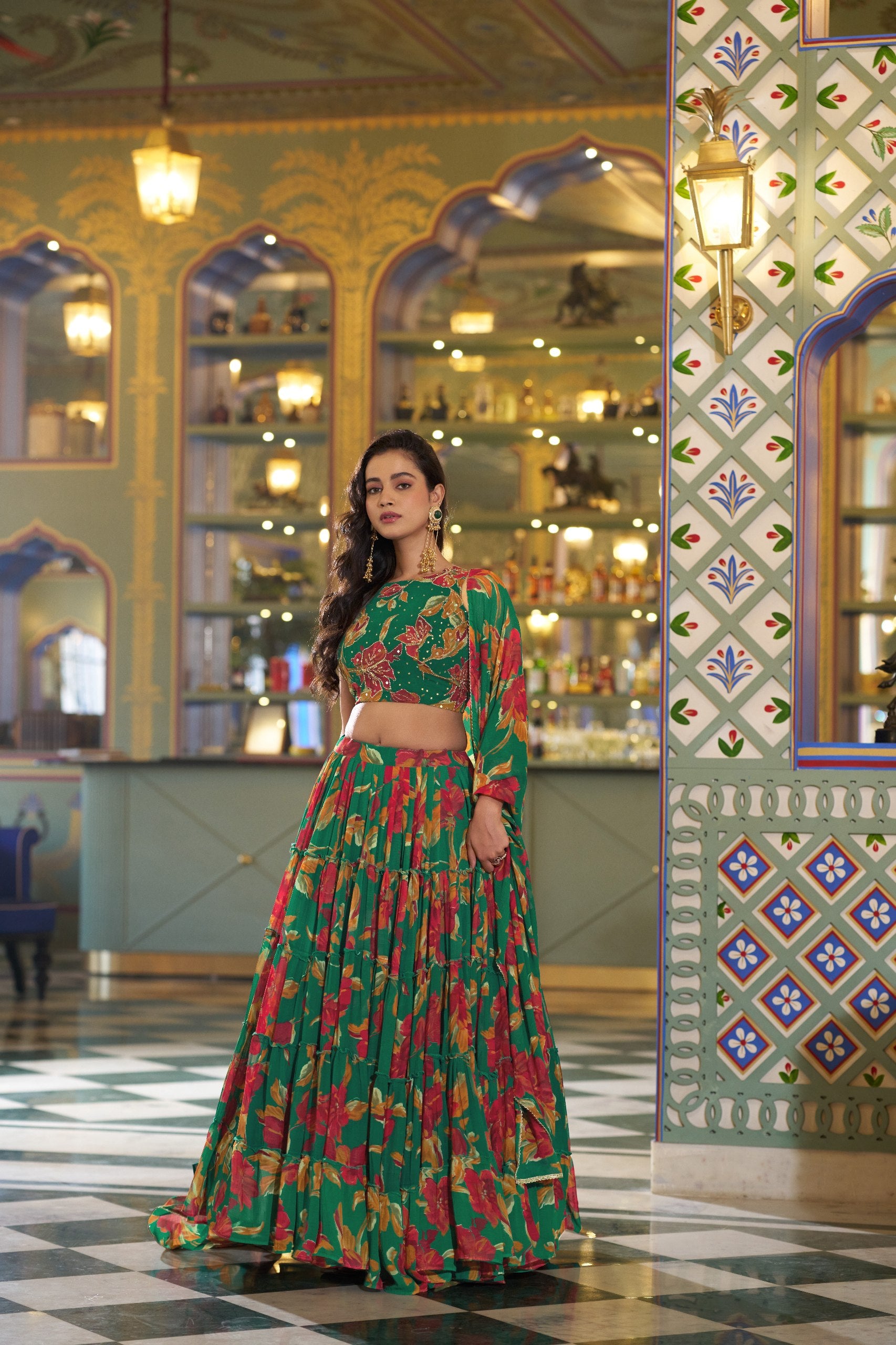 Teal Floral Printed Marble Lehenga Choli Set with Handwork Blouse